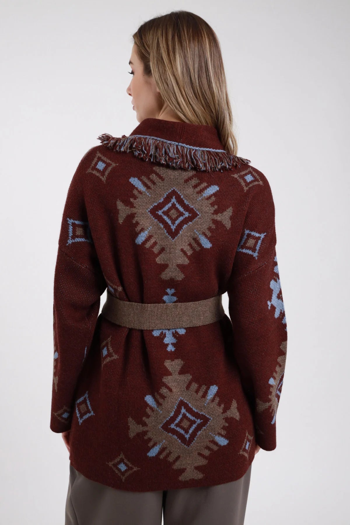SUSY MIX CARDIGAN CON CINTURA VINO