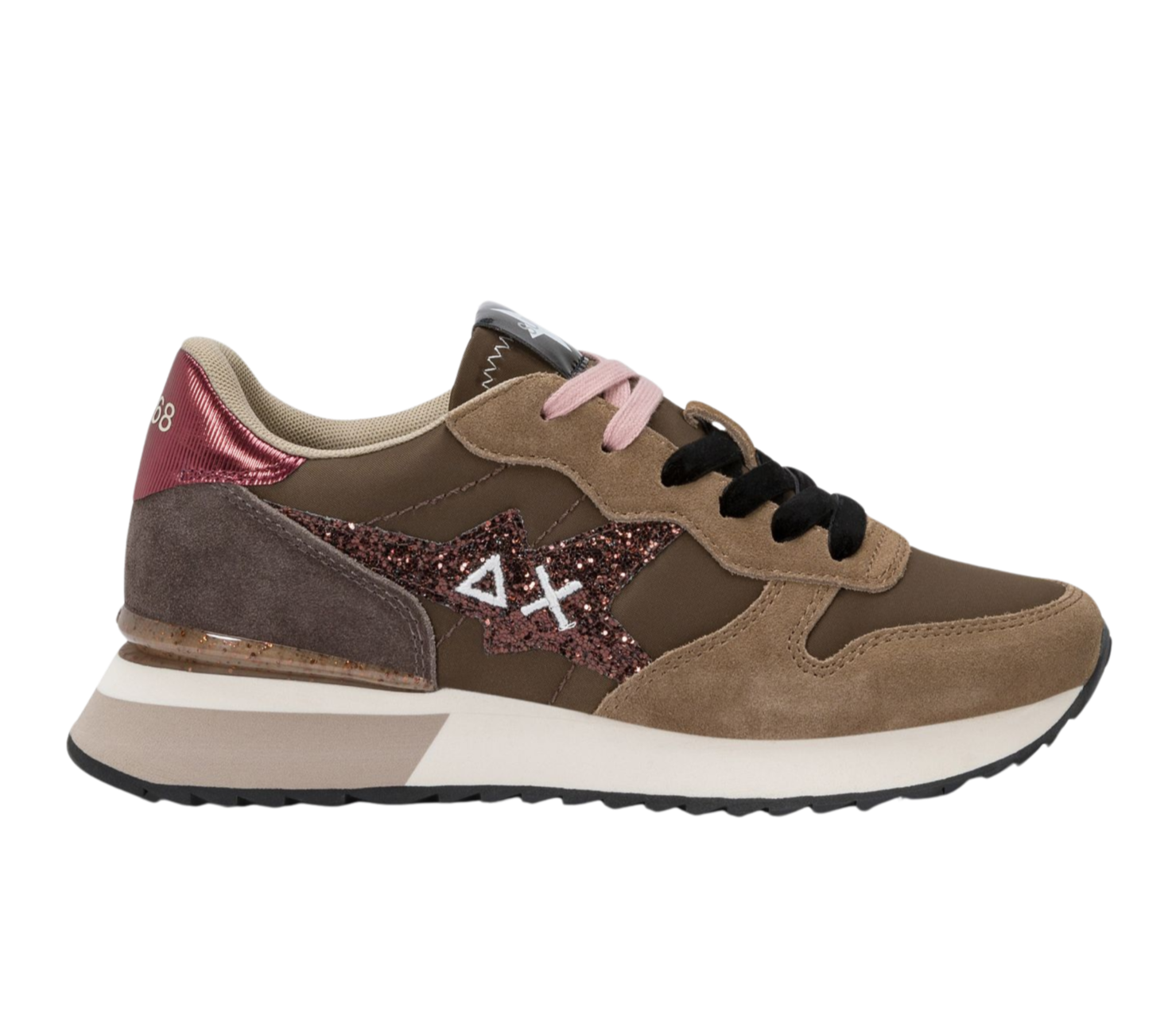 SUN68 Sneaker donna in tela e suede Logo glitter marrone