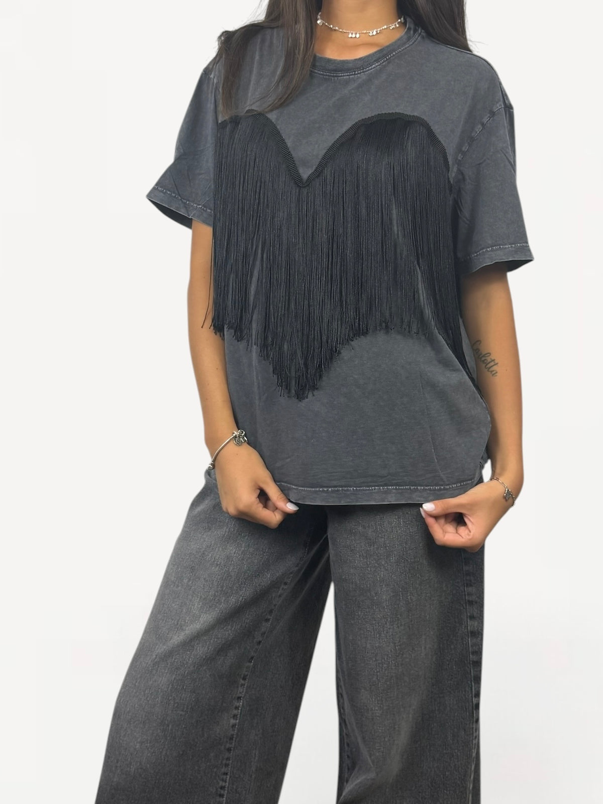 CECILE T-SHIRT FRANGE NERO