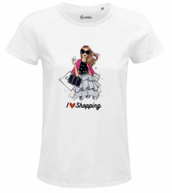 Hiconika T-shirt donna I love shopping bianca con scritta in glitter