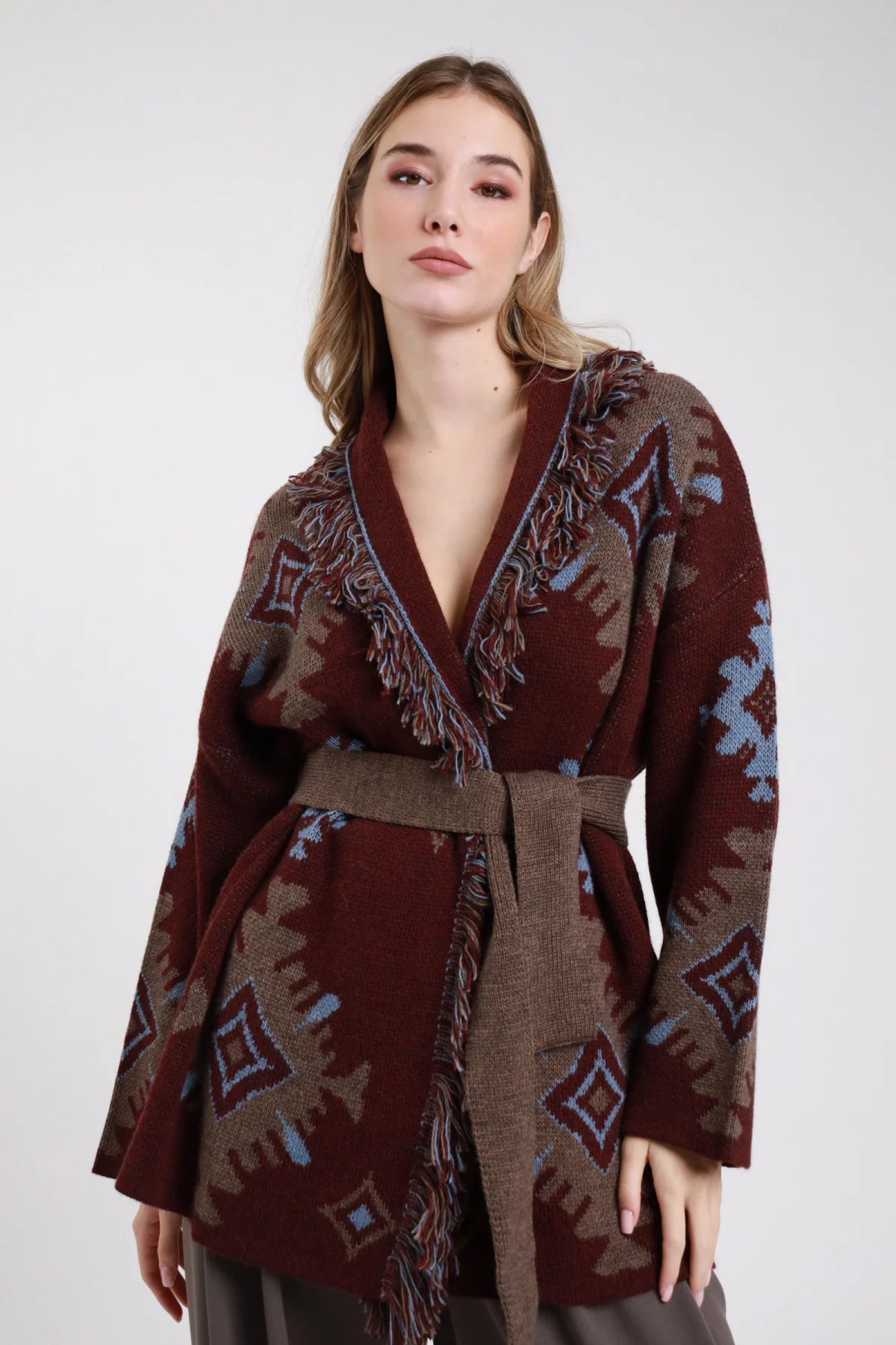 SUSY MIX CARDIGAN CON CINTURA VINO