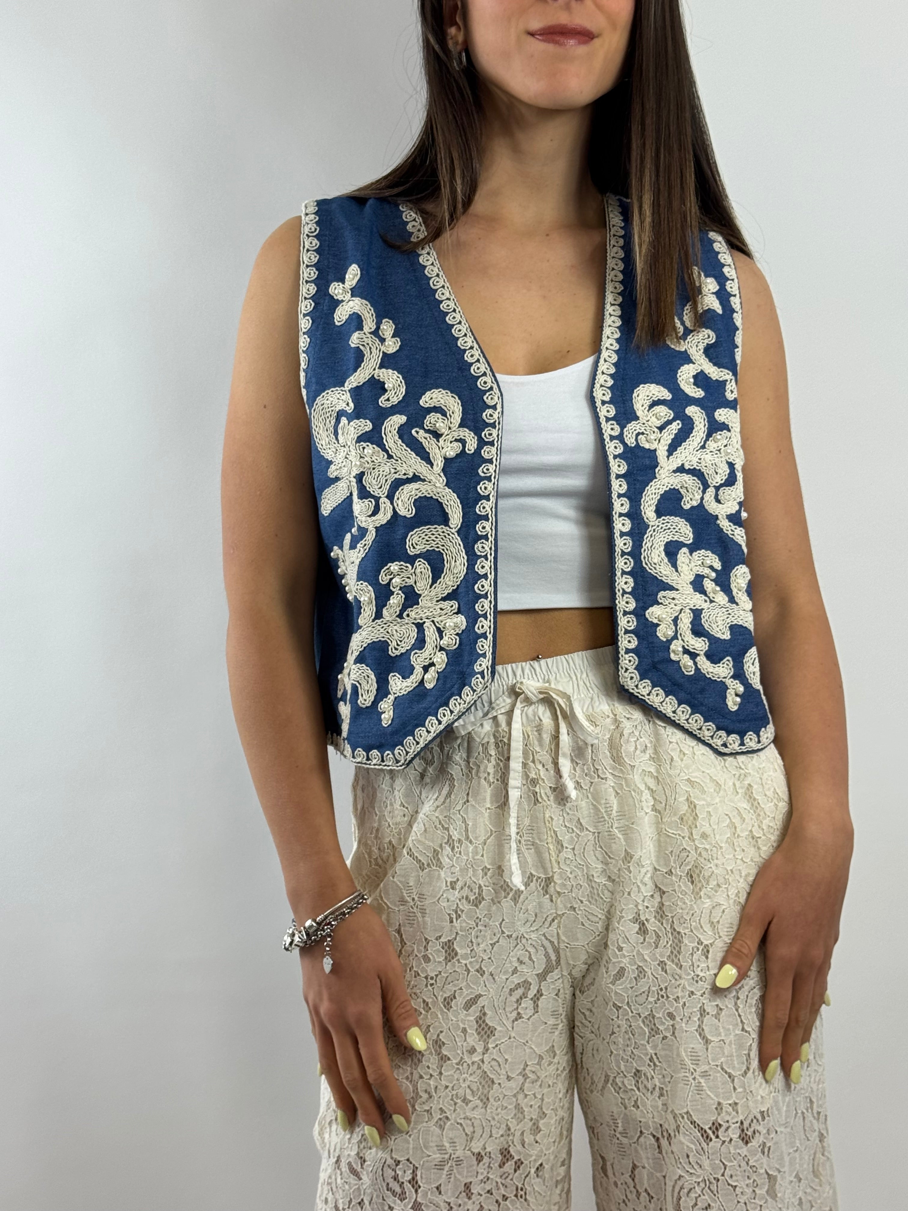 SUSY MIX GILET RICAMI E PERLINE DENIM