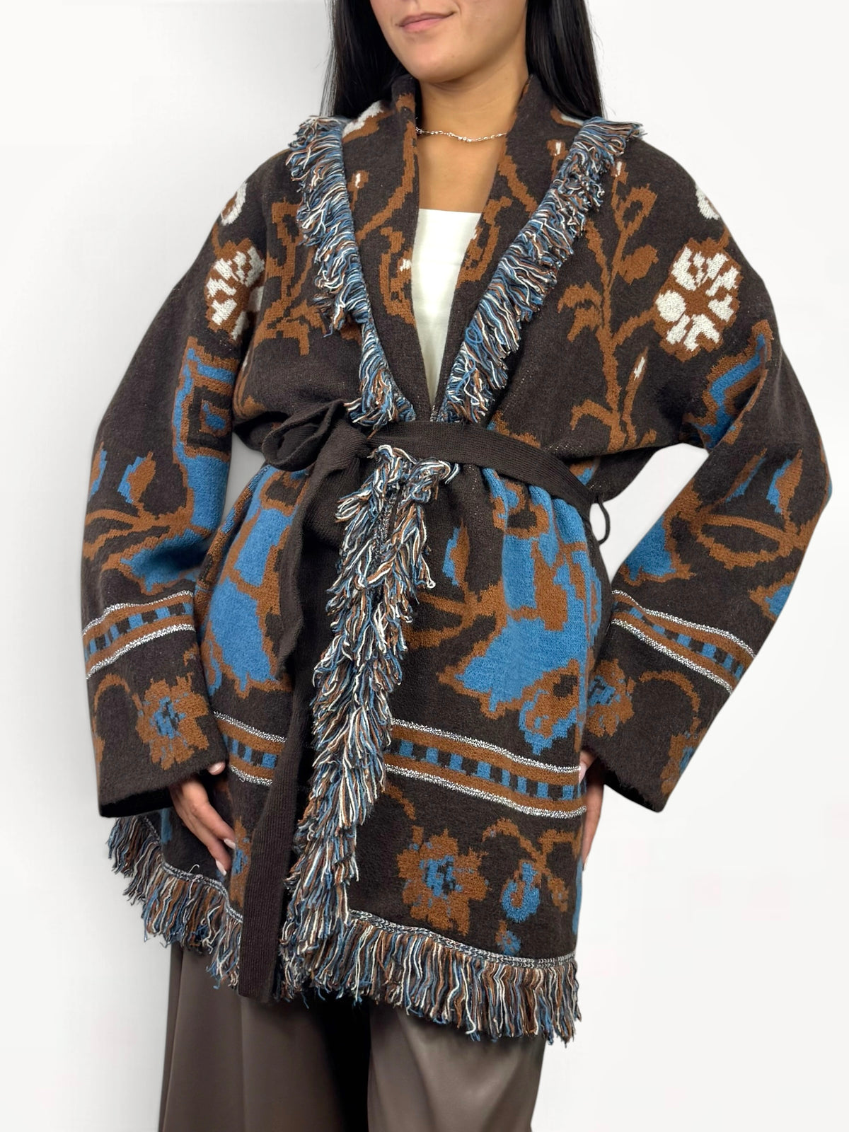 CECILE CARDIGAN CON CINTURA ALANUI MARRONE CELESTE