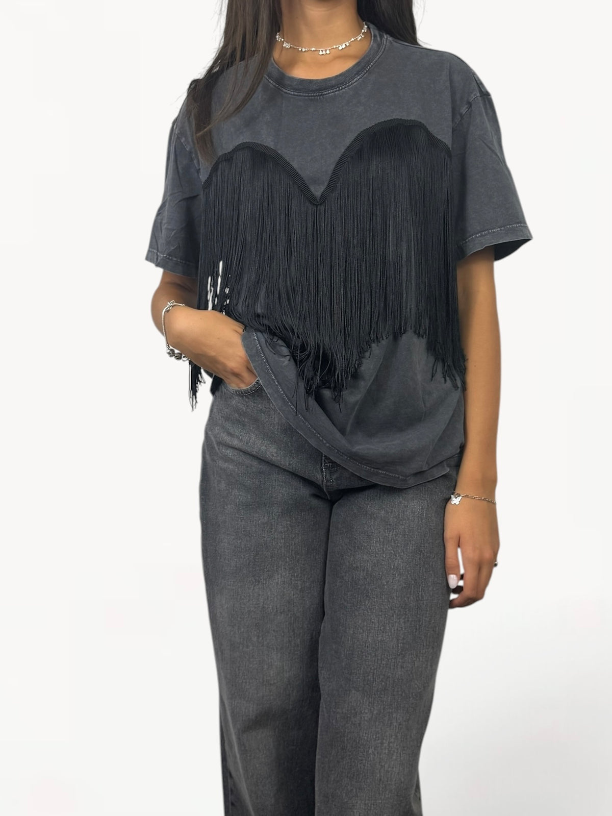 CECILE T-SHIRT FRANGE NERO