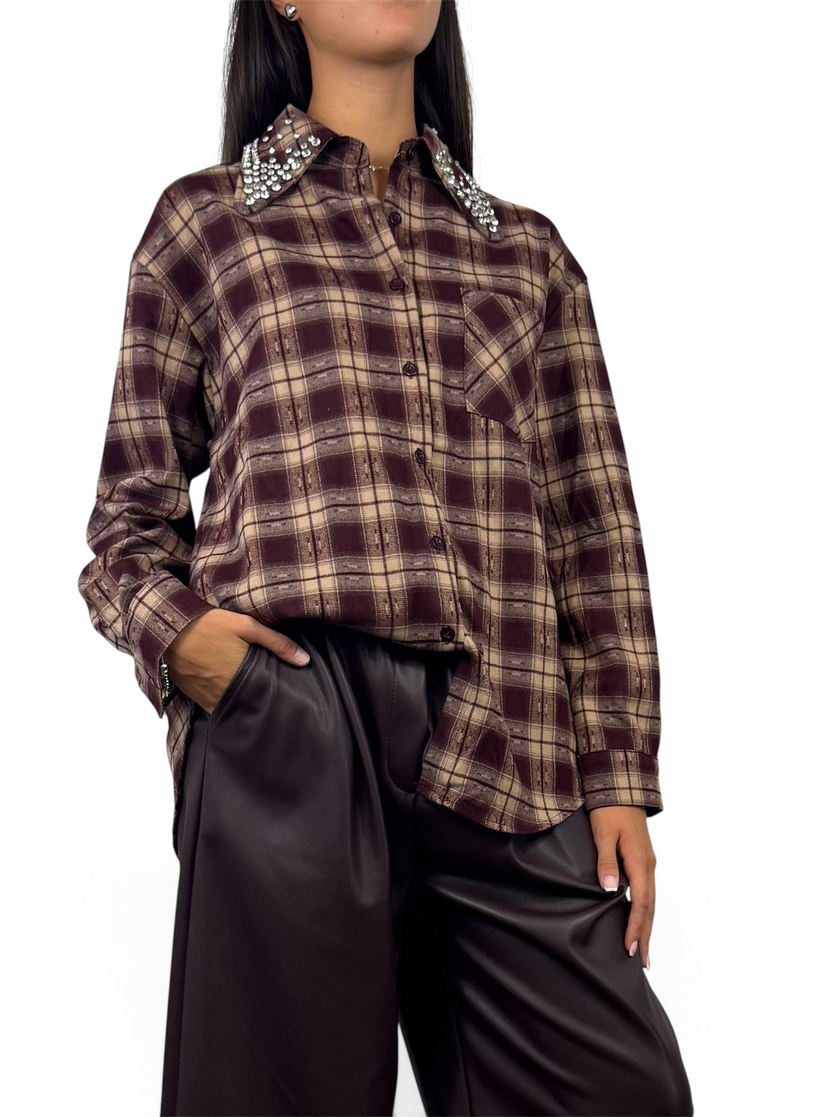 CECILE CAMICIA IN CHECK E STRASS BORDEAUX