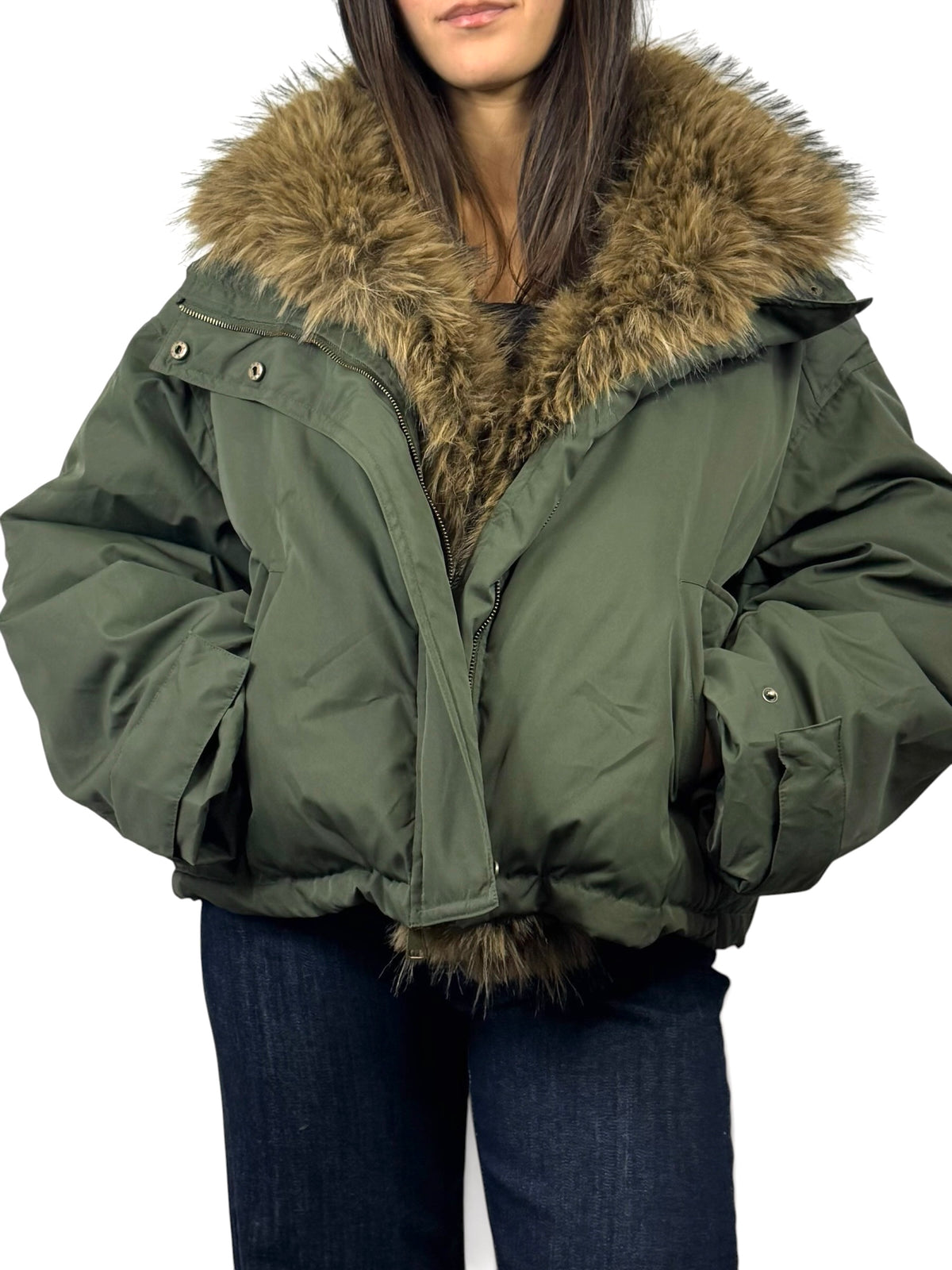 CECILE BOMBER CON INSERTI IN ECOFUR MILITARE