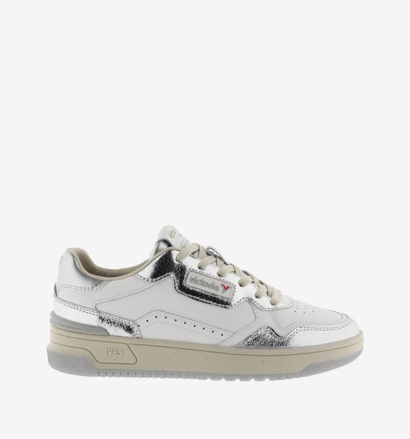 Victoria Sneaker donna in pelle bianco con dettagli in laminato argento