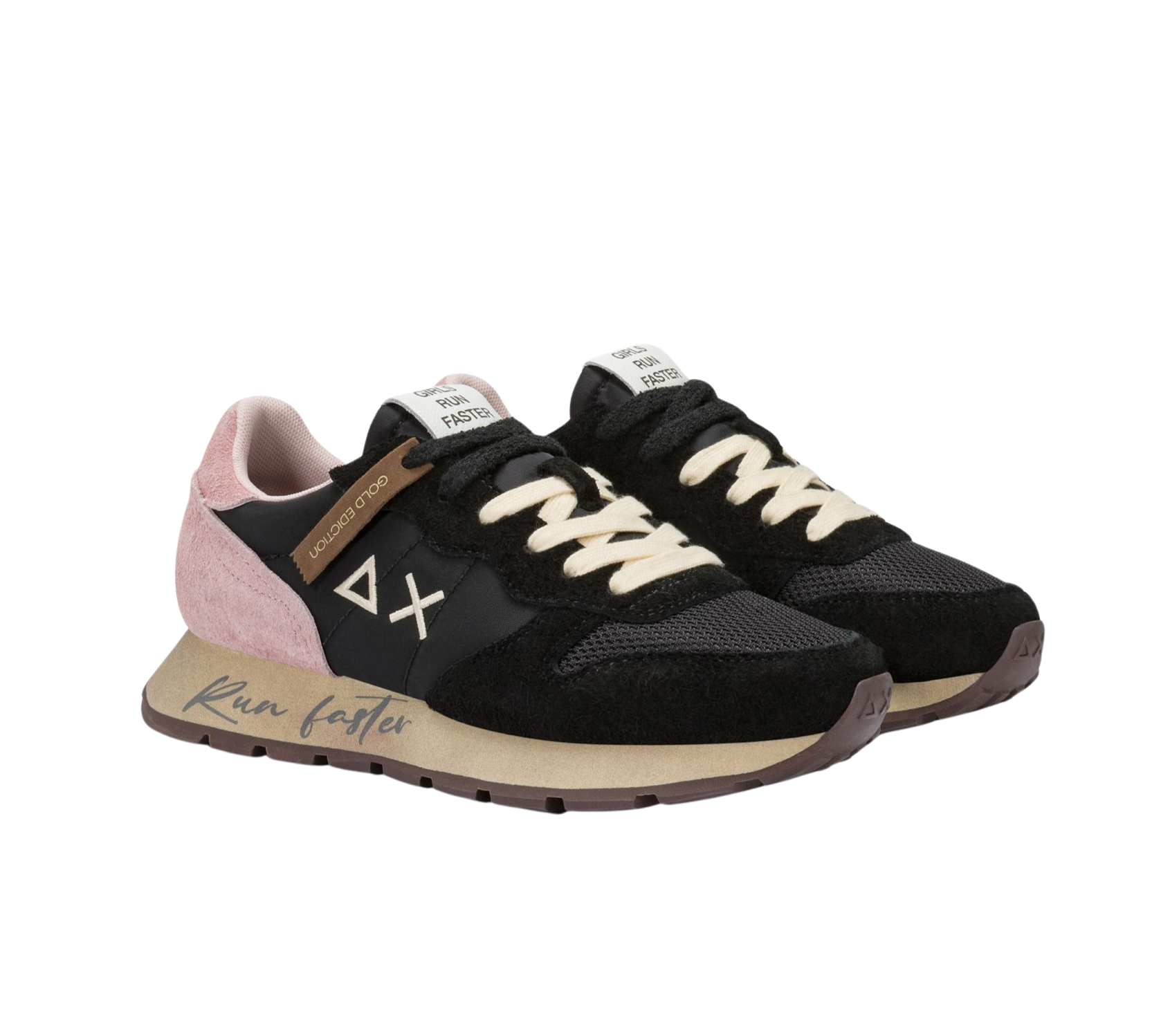 SUN68 Sneaker donna stile vintage in nylon mesh suede nero e rosa