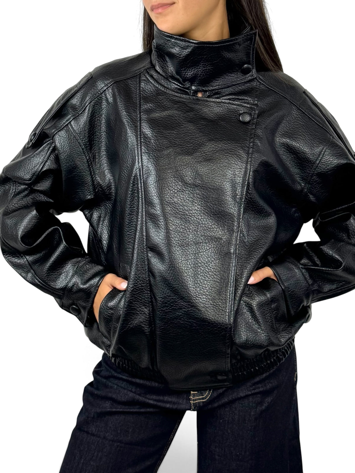 CECILE GIACCA BOMBER IN SIMIL PELLE NERO