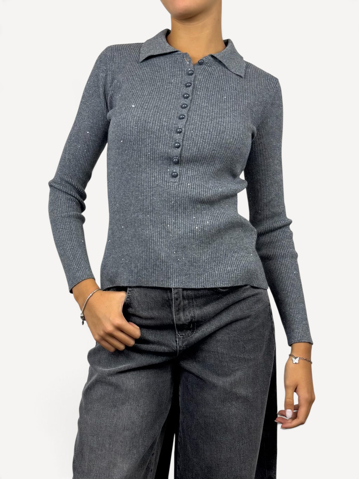 SUSY MIX MAGLIA MODELLO POLO A COSTINE GRIGIO