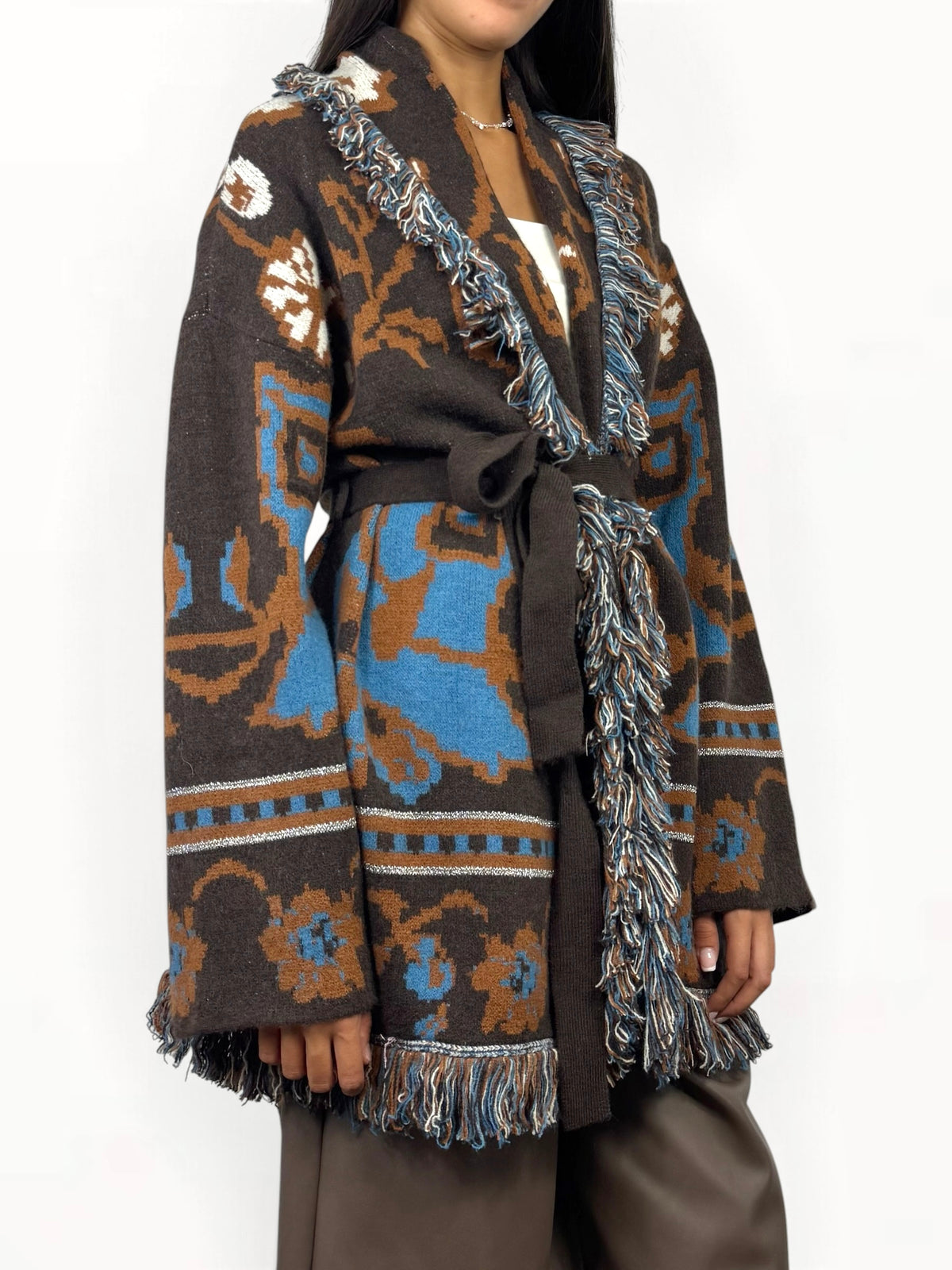 CECILE CARDIGAN CON CINTURA ALANUI MARRONE CELESTE
