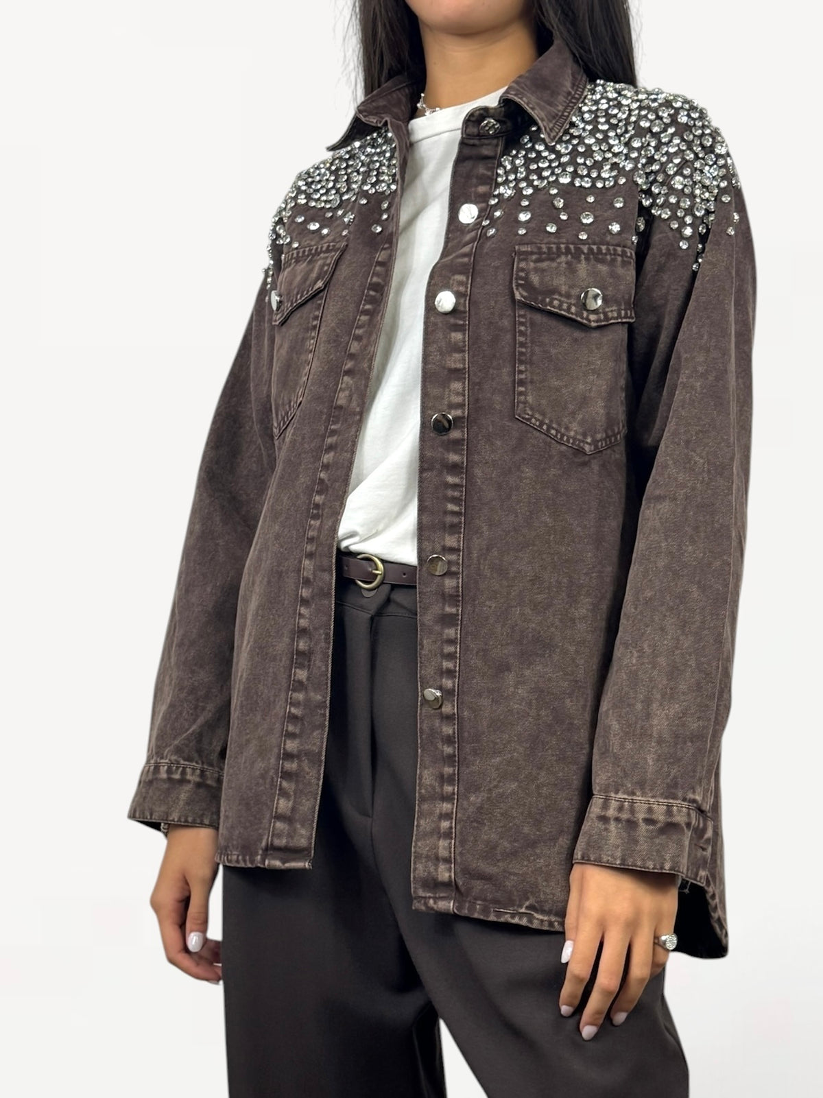 CECILE CAMICIA DENIM STRASS MARRONE