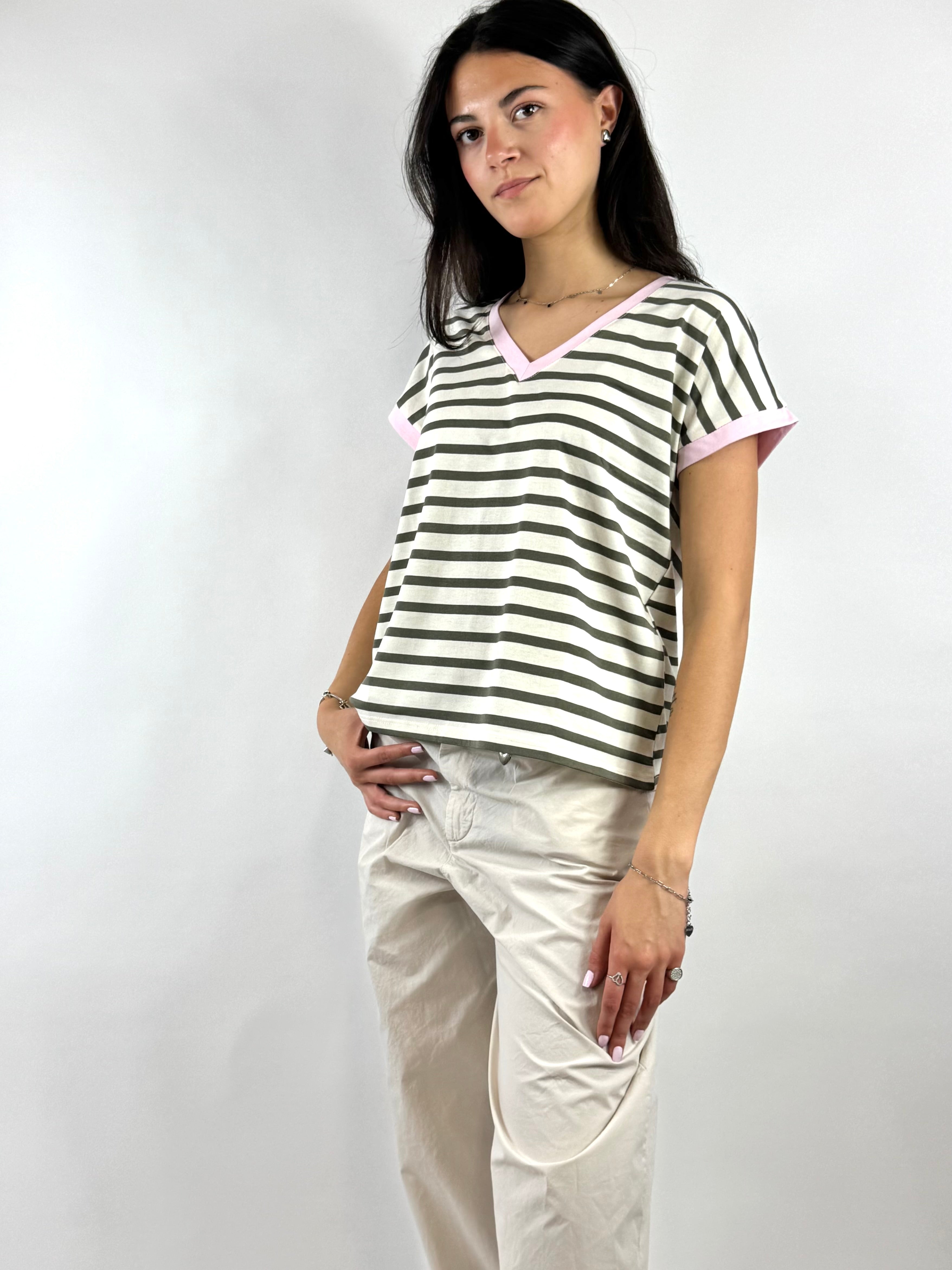 SUSY MIX T-SHIRT RIGHE VERDE MILITARE