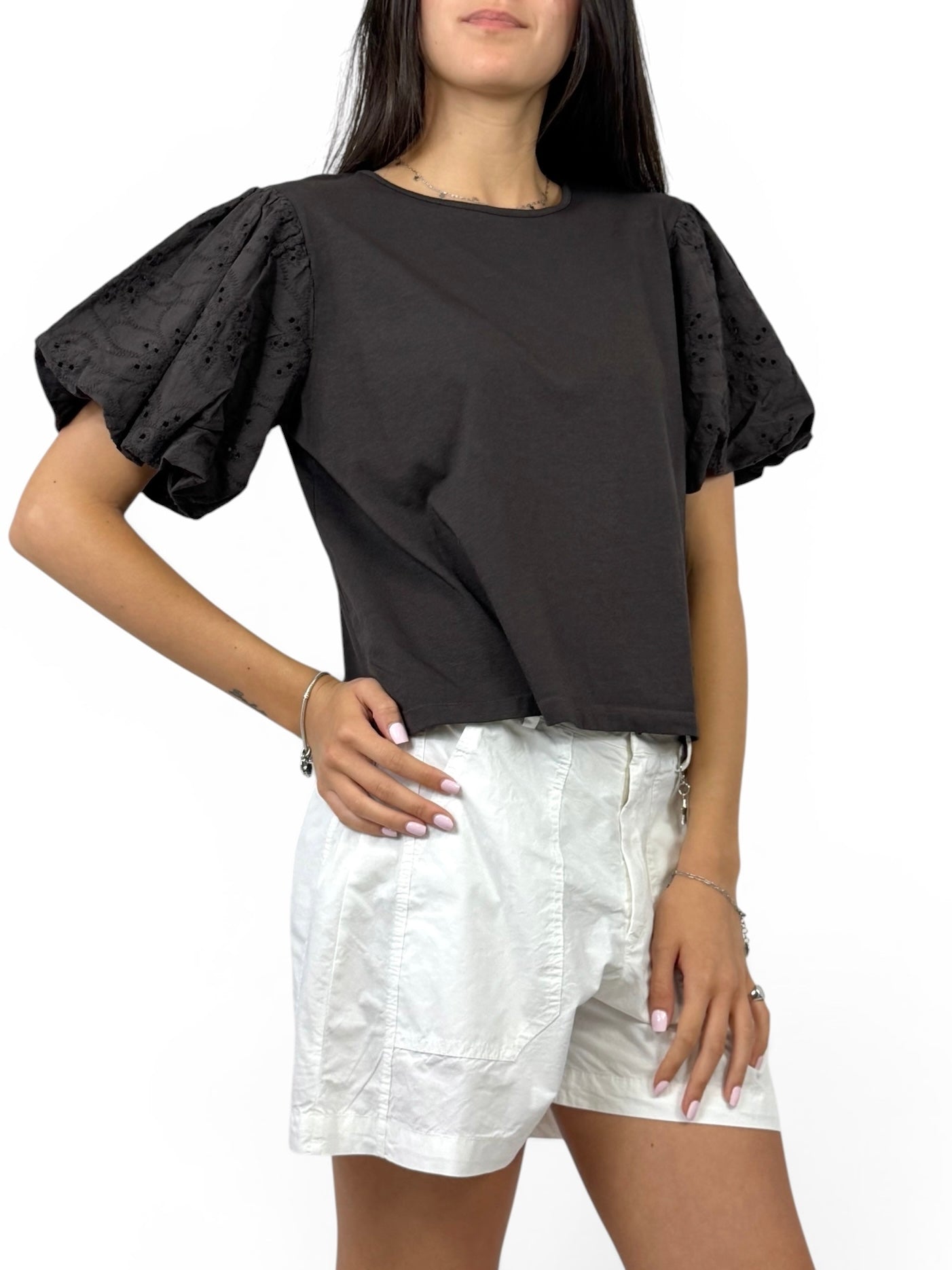 SUSY MIX MAGLIA MANICA SANGALLO MORO