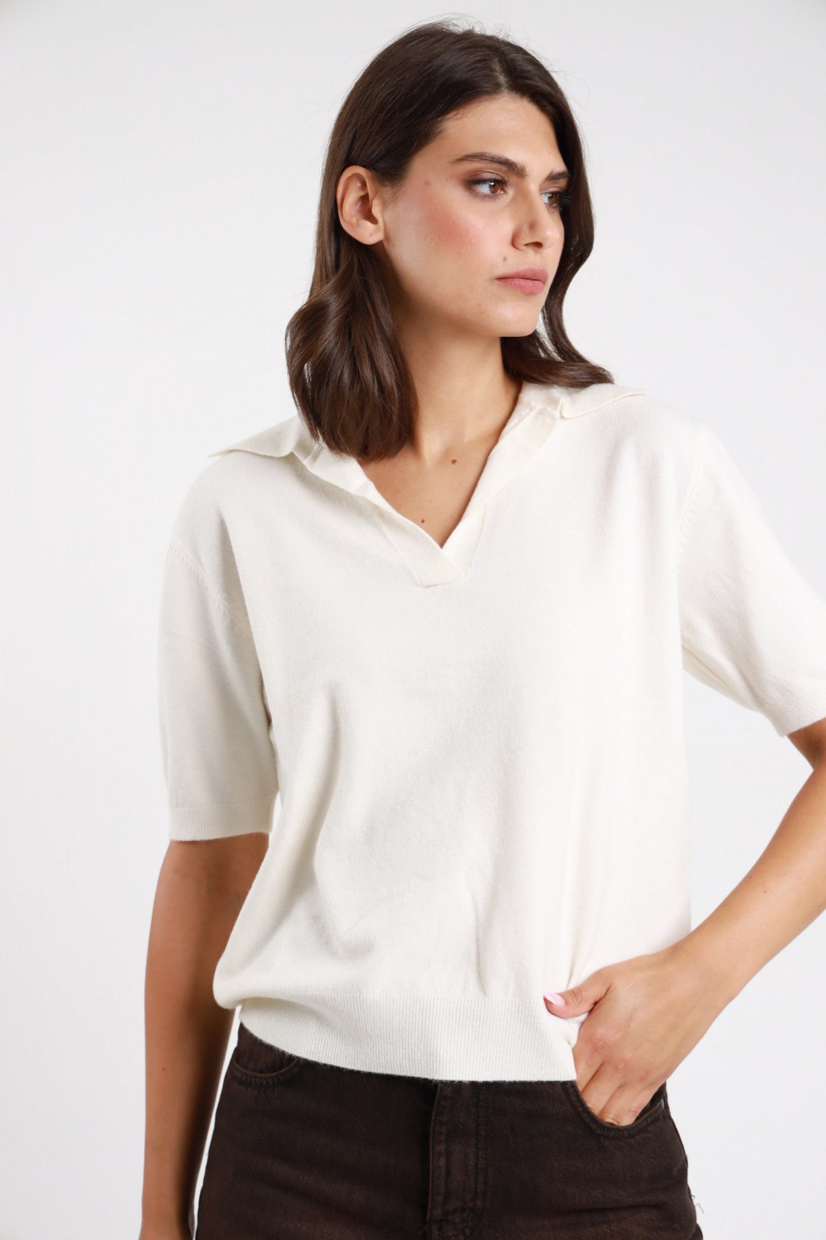 SUSY MIX MAGLIA POLO A MEZZA MANICA PANNA