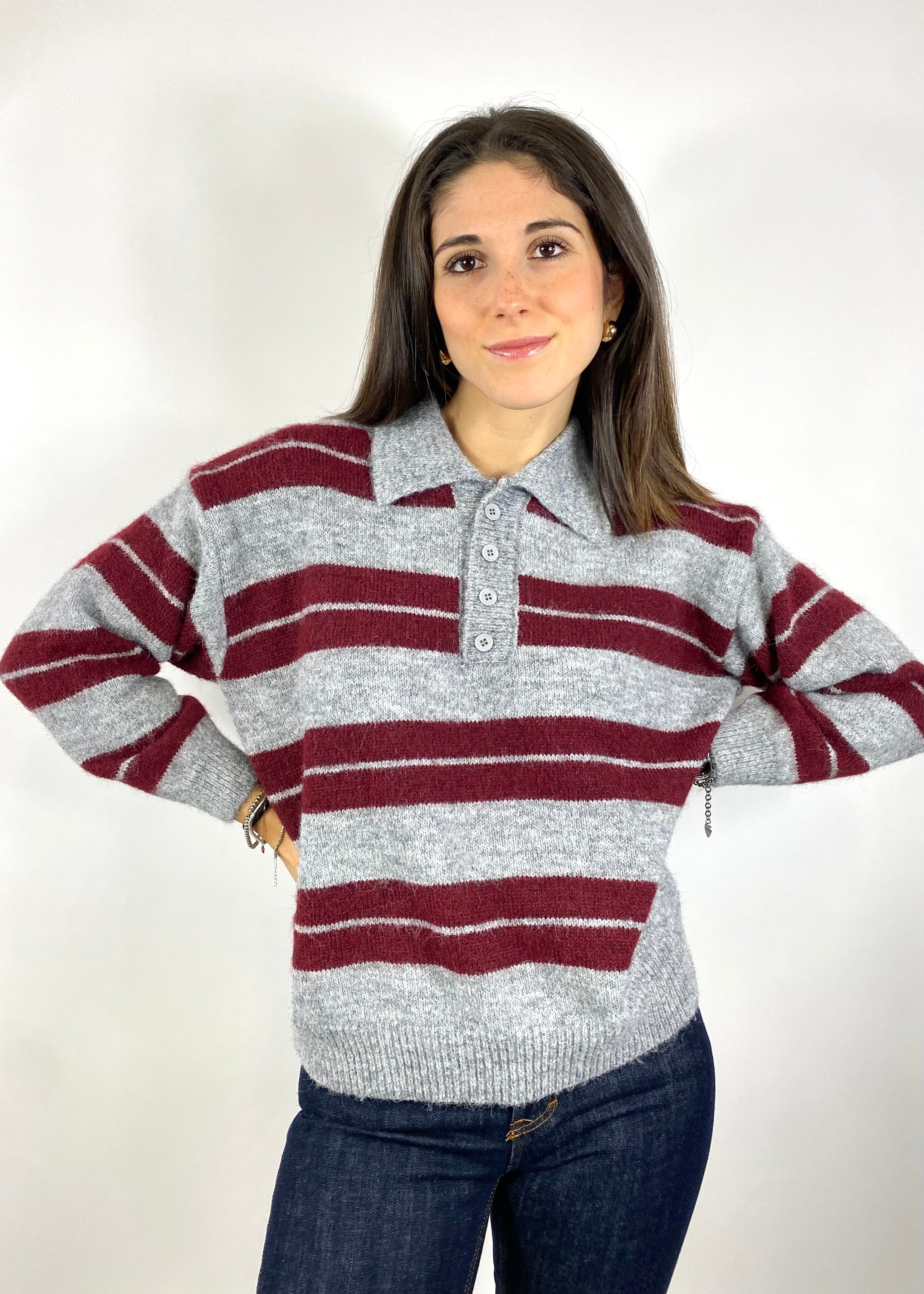 CECILE POLO A RIGHE VINO E GRIGIO