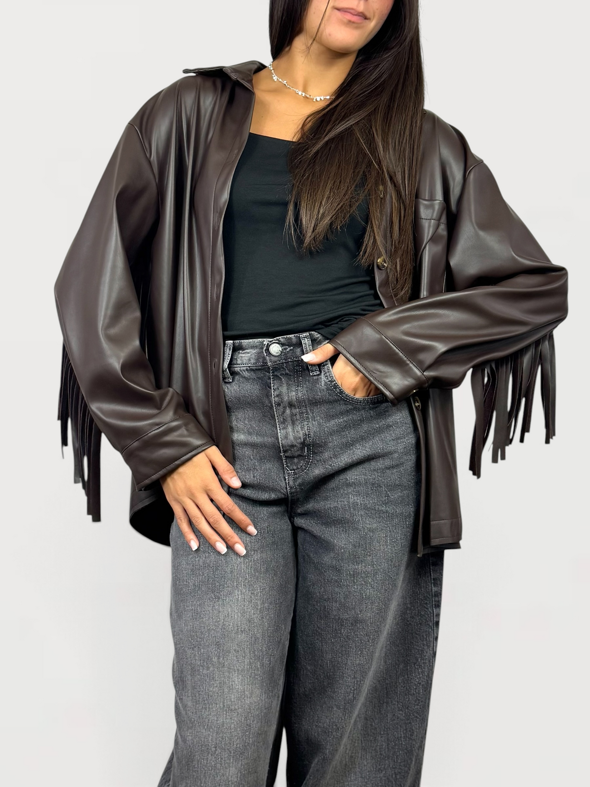 SUSY MIX CAMICIA FRANGE ECOPELLE MORO