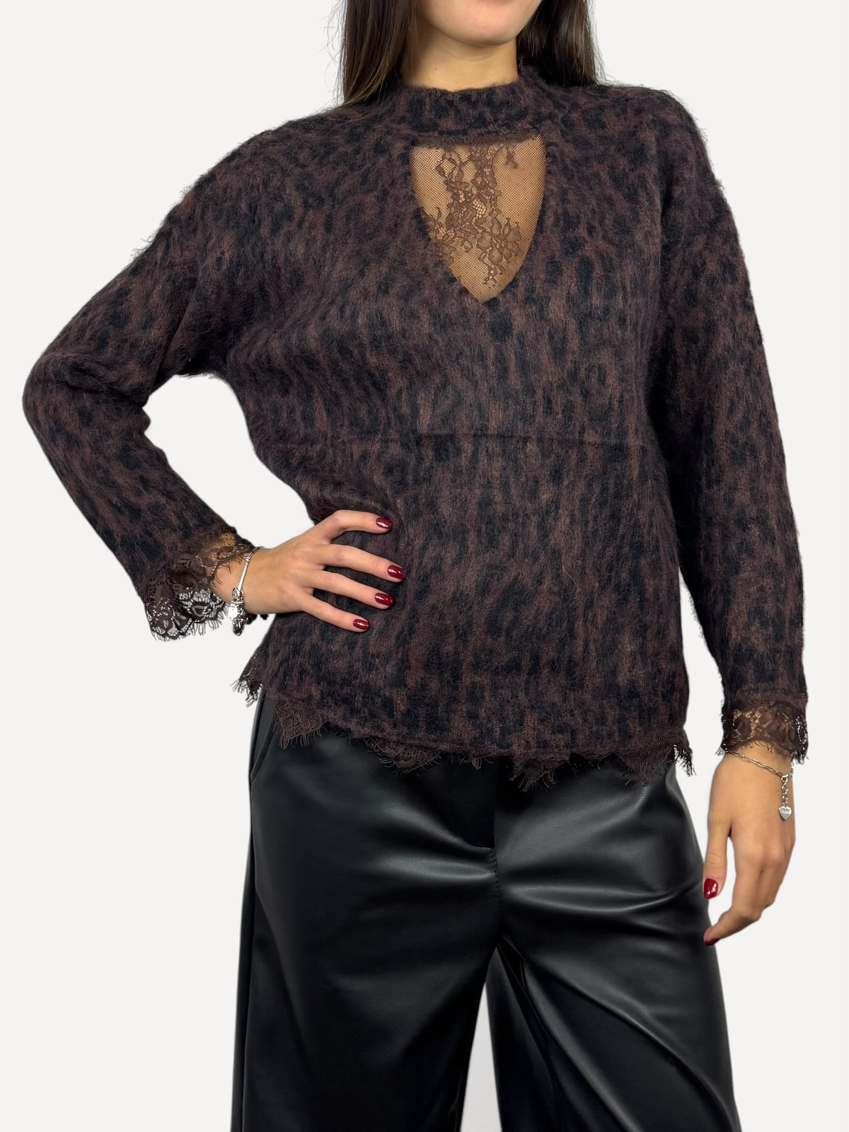 CECILE MAGLIA LEOPARD CON INSERTI IN PIZZO