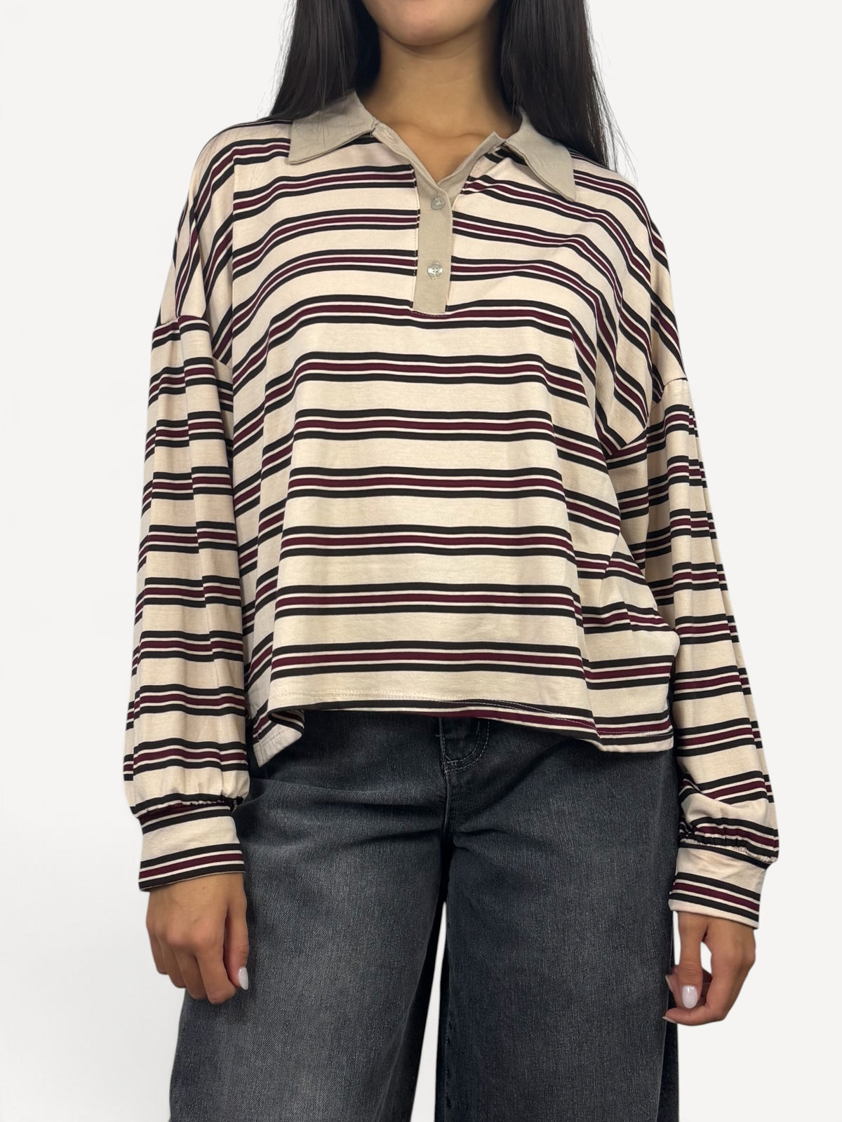 KIKISIX MAGLIA MODELLO POLO A RIGHE BEIGE