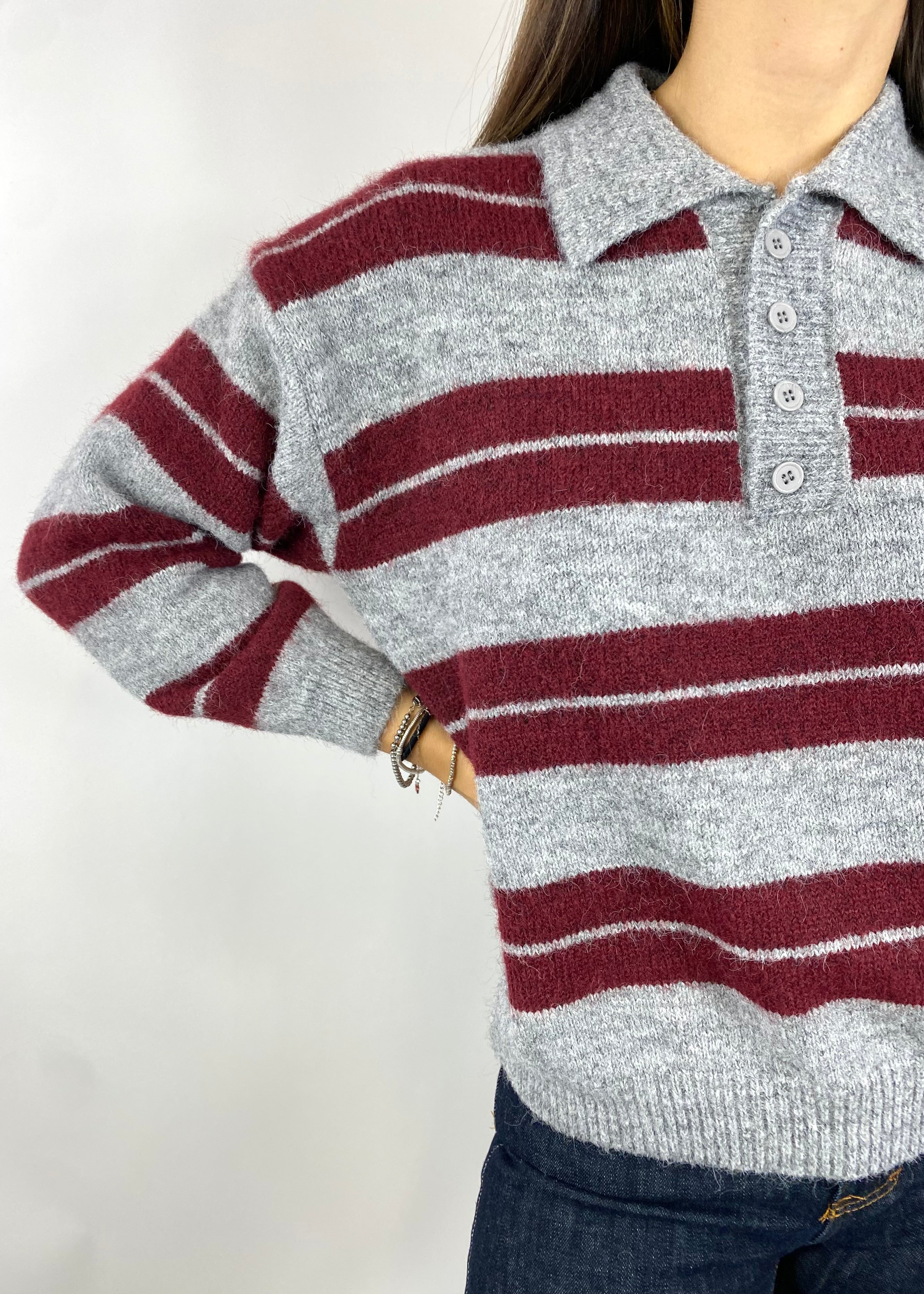 CECILE POLO A RIGHE VINO E GRIGIO