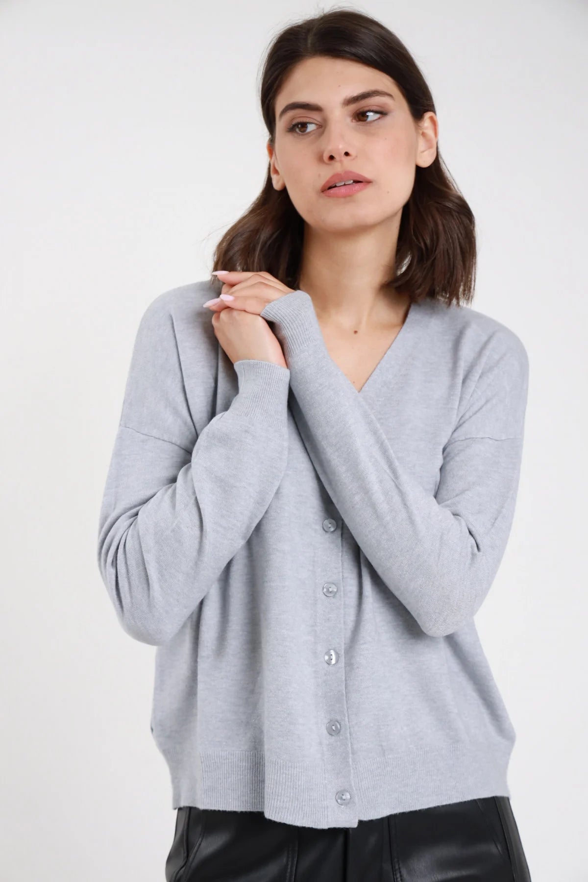 SUSY MIX CARDIGAN SCOLLO A V RASATO GRIGIO