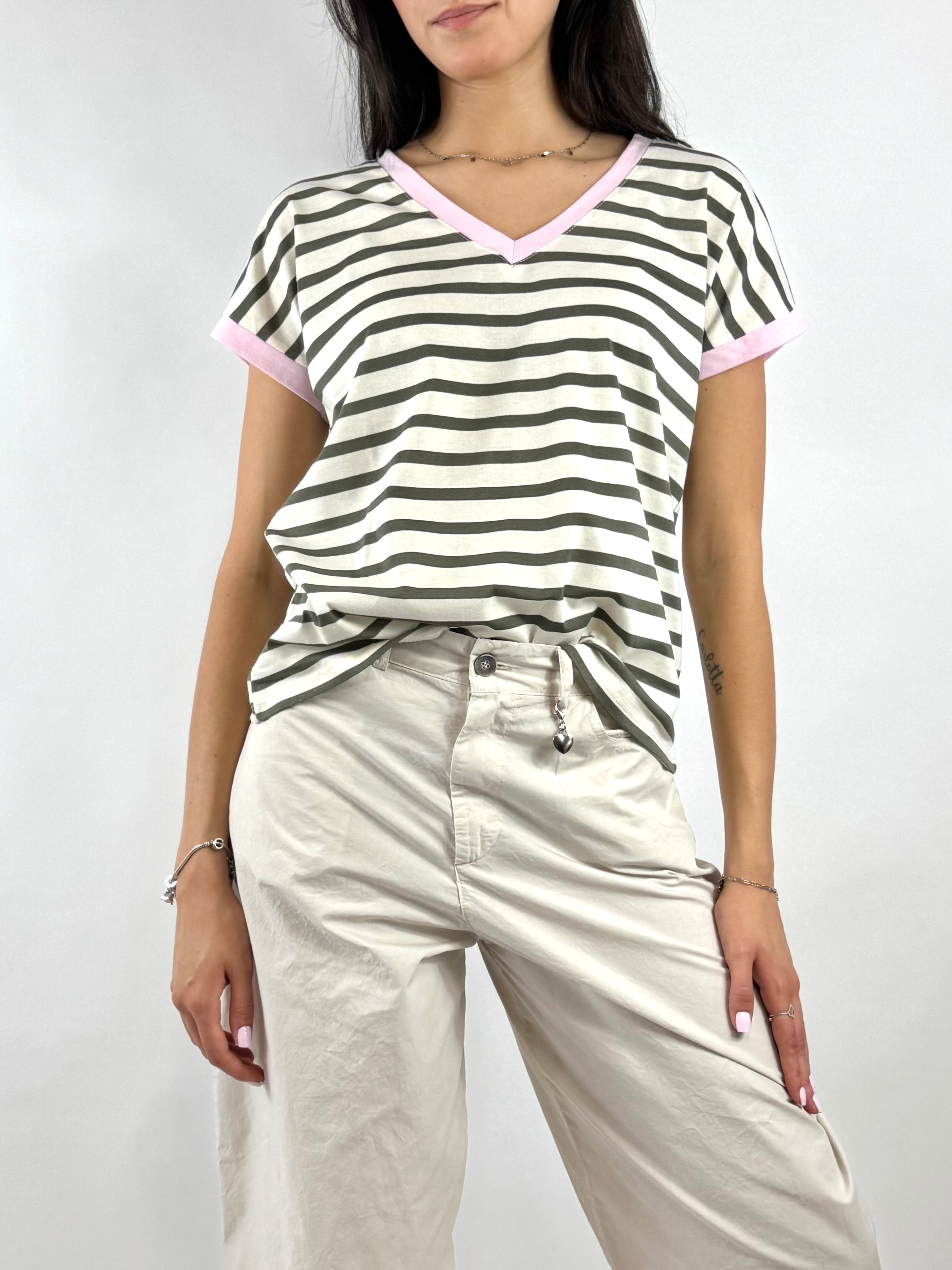 SUSY MIX T-SHIRT RIGHE VERDE MILITARE