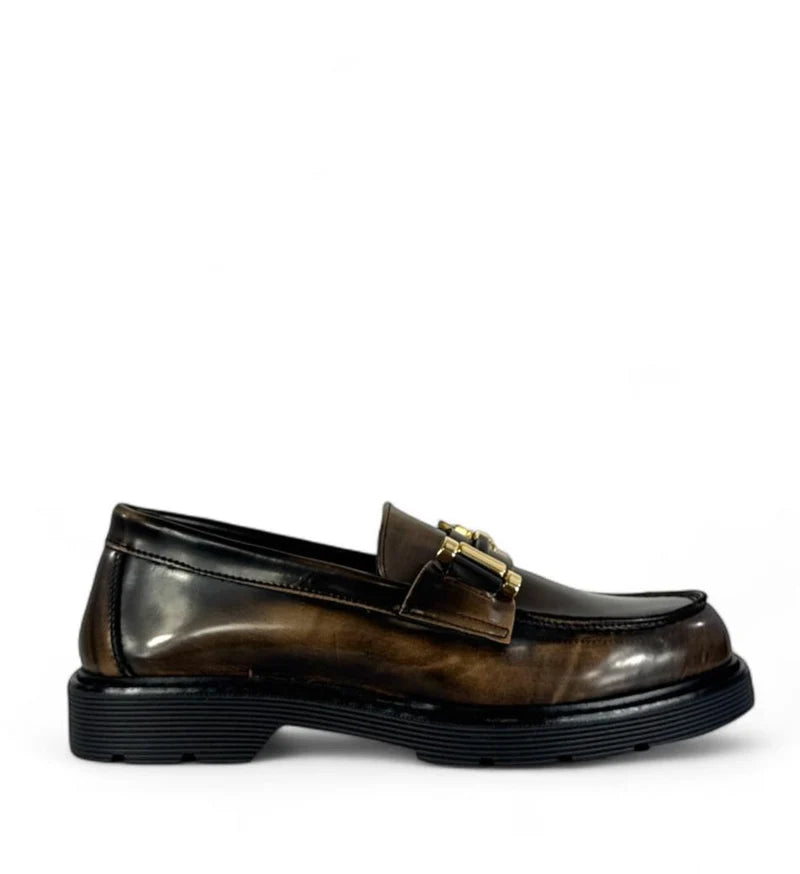 BOTTEGA LOTTI MOCASSINI IN ECOPELLE SPAZZOLATA CON MORSETTO ORO TAUPE