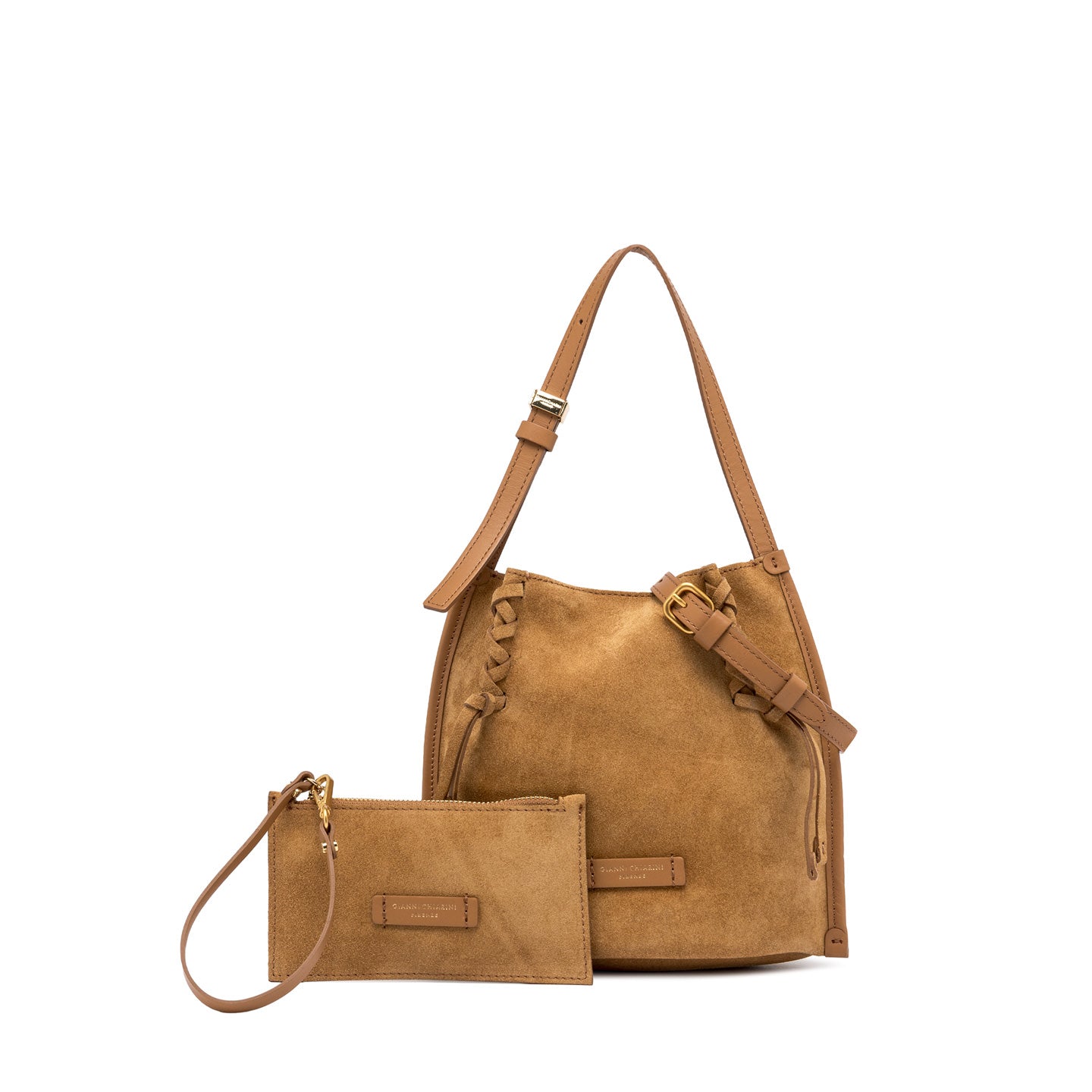 Gianni Chiarini  borsa a spalla in camoscio con infilature color 'peanut butter'