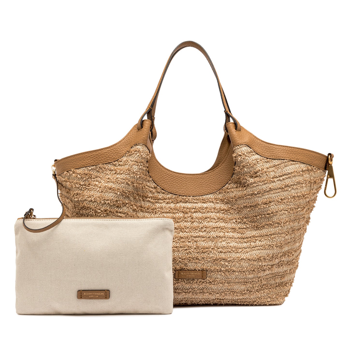Gianni Chiarini borsa a spalla in paglia e pelle nature con monoscomparto sfoderato