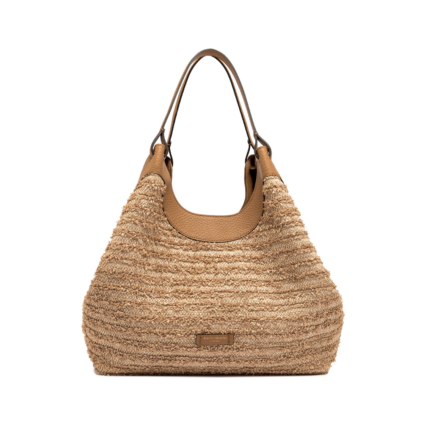 Gianni Chiarini borsa a spalla in paglia e pelle nature con monoscomparto sfoderato