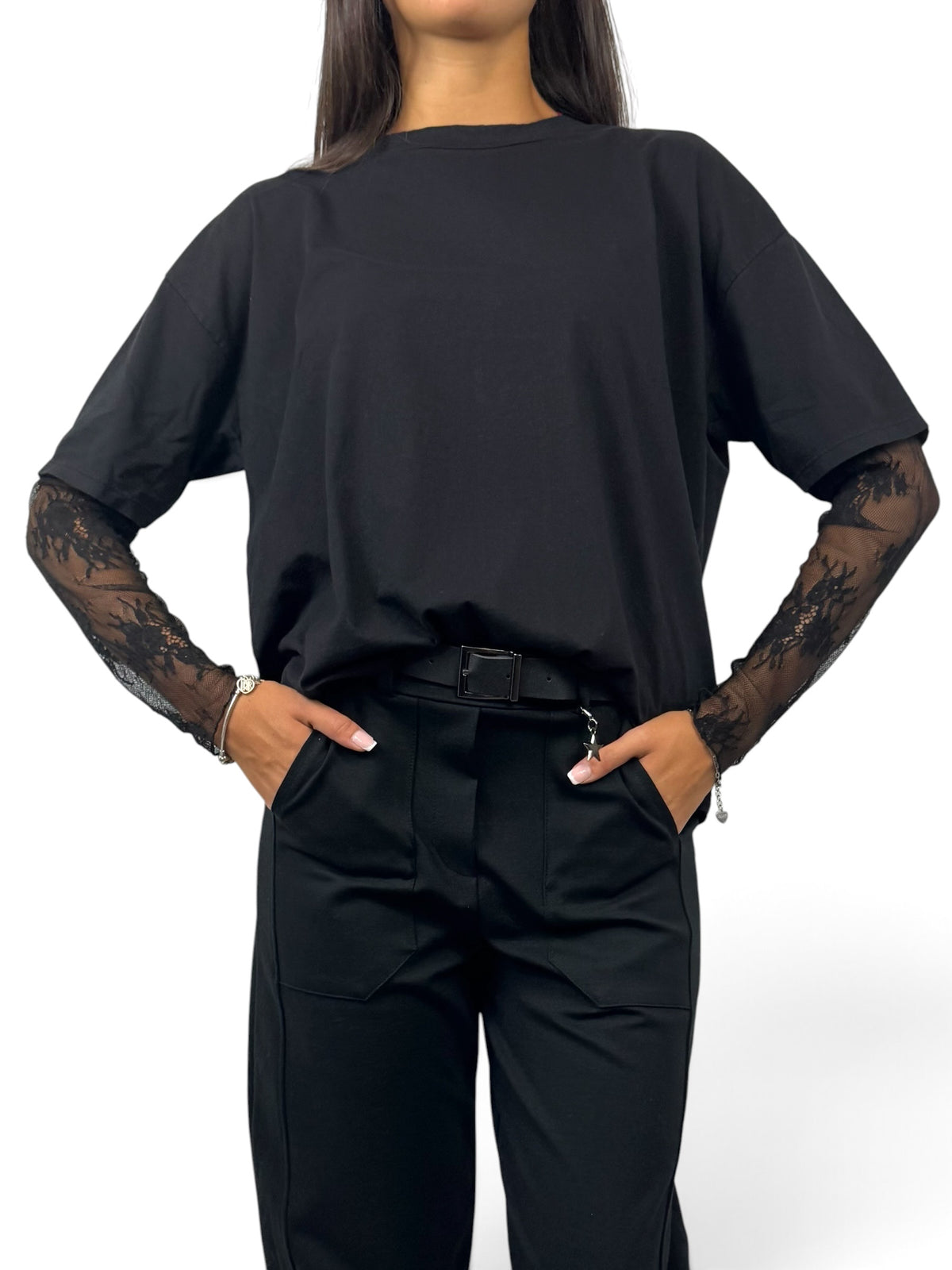 SUSY MIX MAGLIA MANICA PIZZO NERO