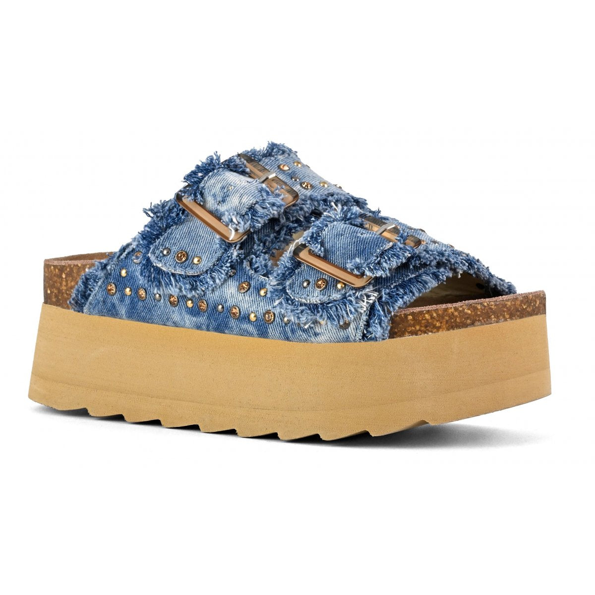 Colors of California Ciabatta donna platform in jeans con lavorazione di borchie e strass oro con fibbie in tono