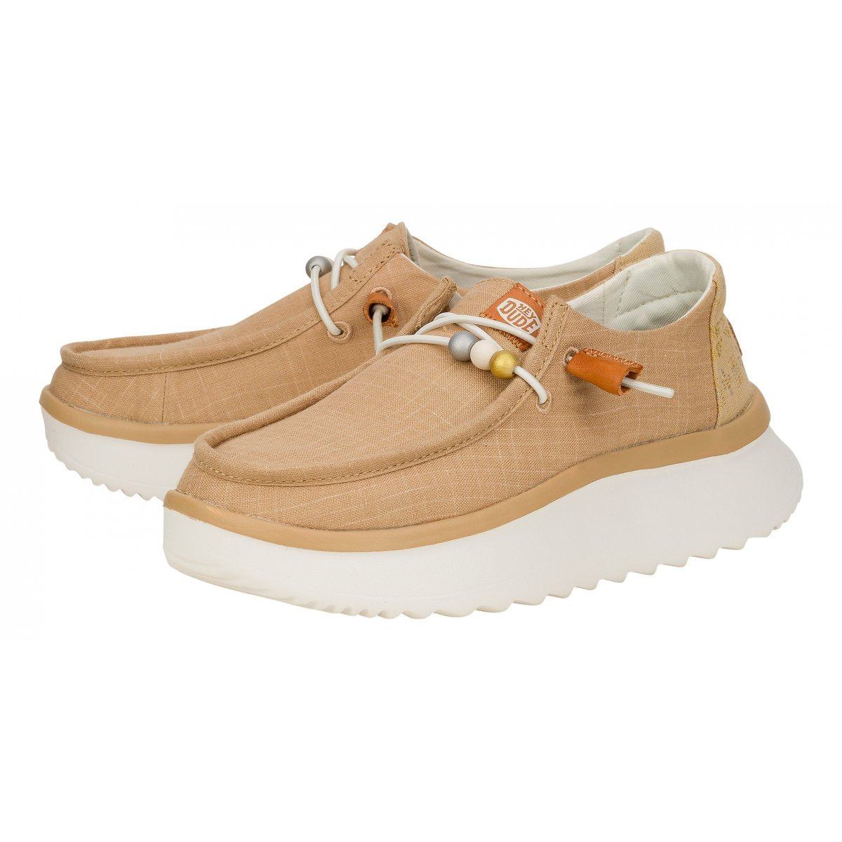 Hey dude Mocassino donna platform rialzata in lino beige con perline colorate e dettaglio al tallone