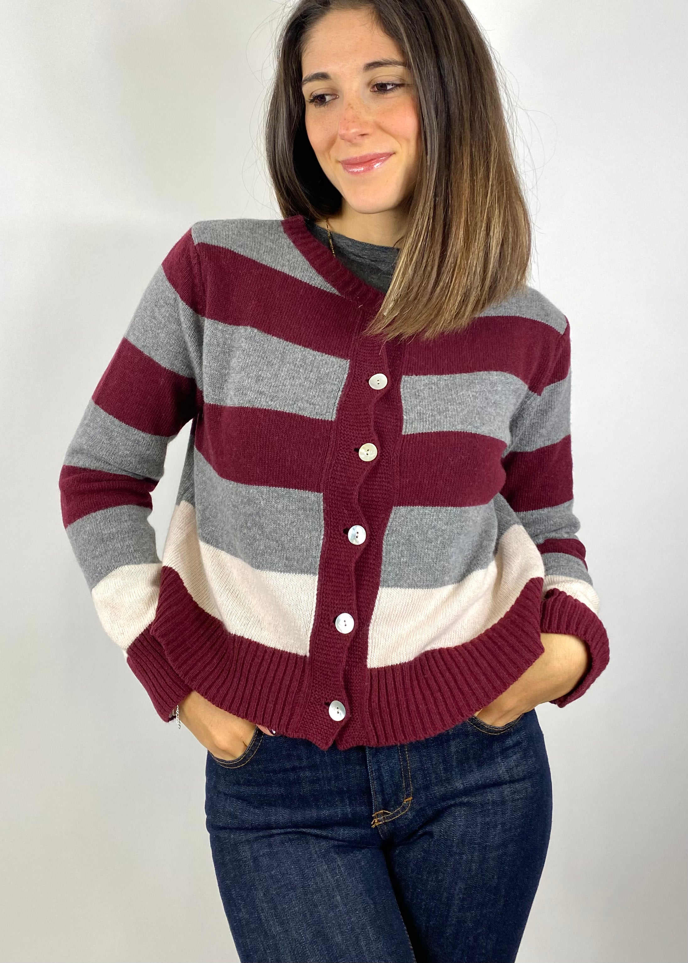 CECILE CARDIGAN A RIGHE VINO GRIGIO E MANDORLA