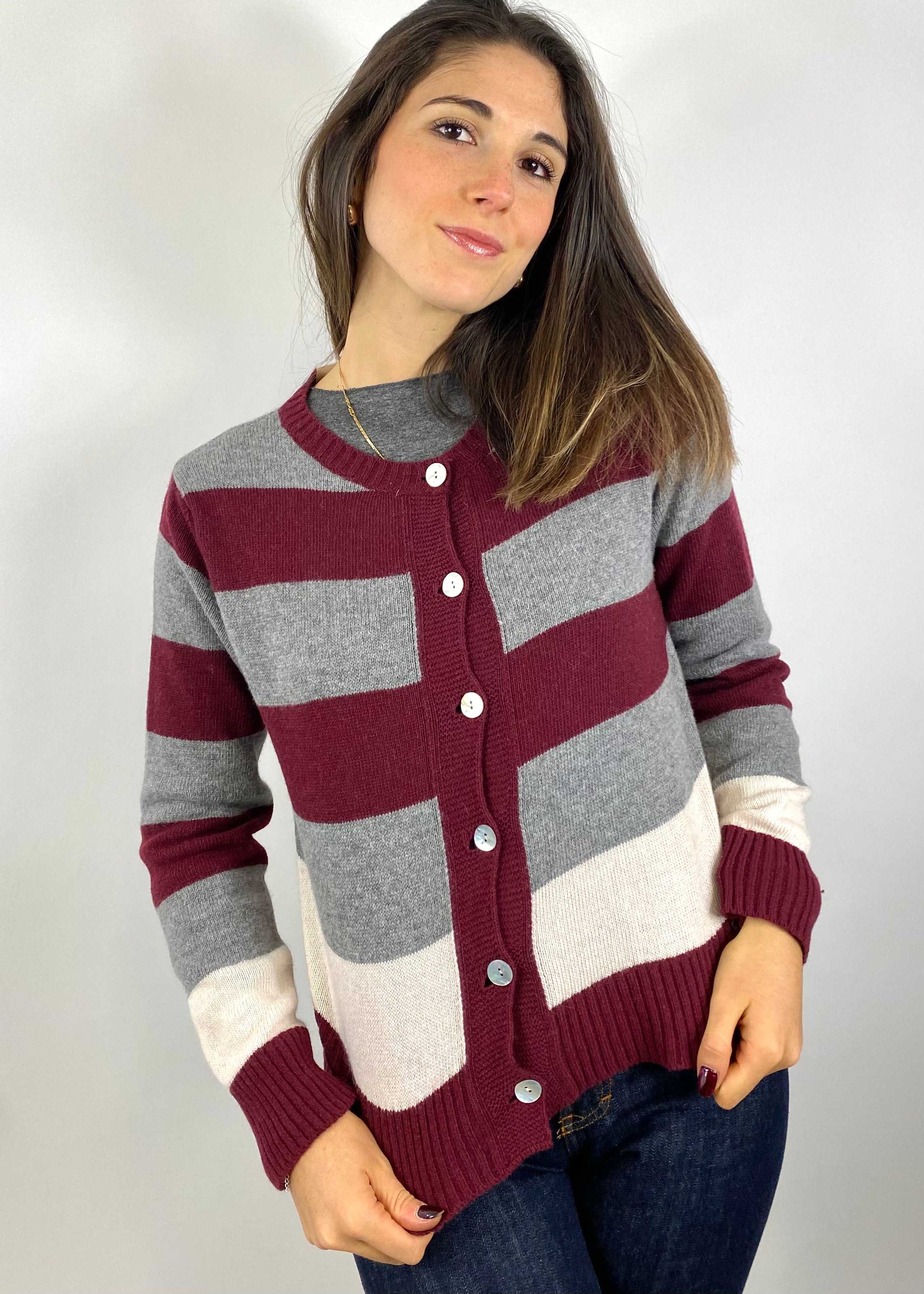 CECILE CARDIGAN A RIGHE VINO GRIGIO E MANDORLA