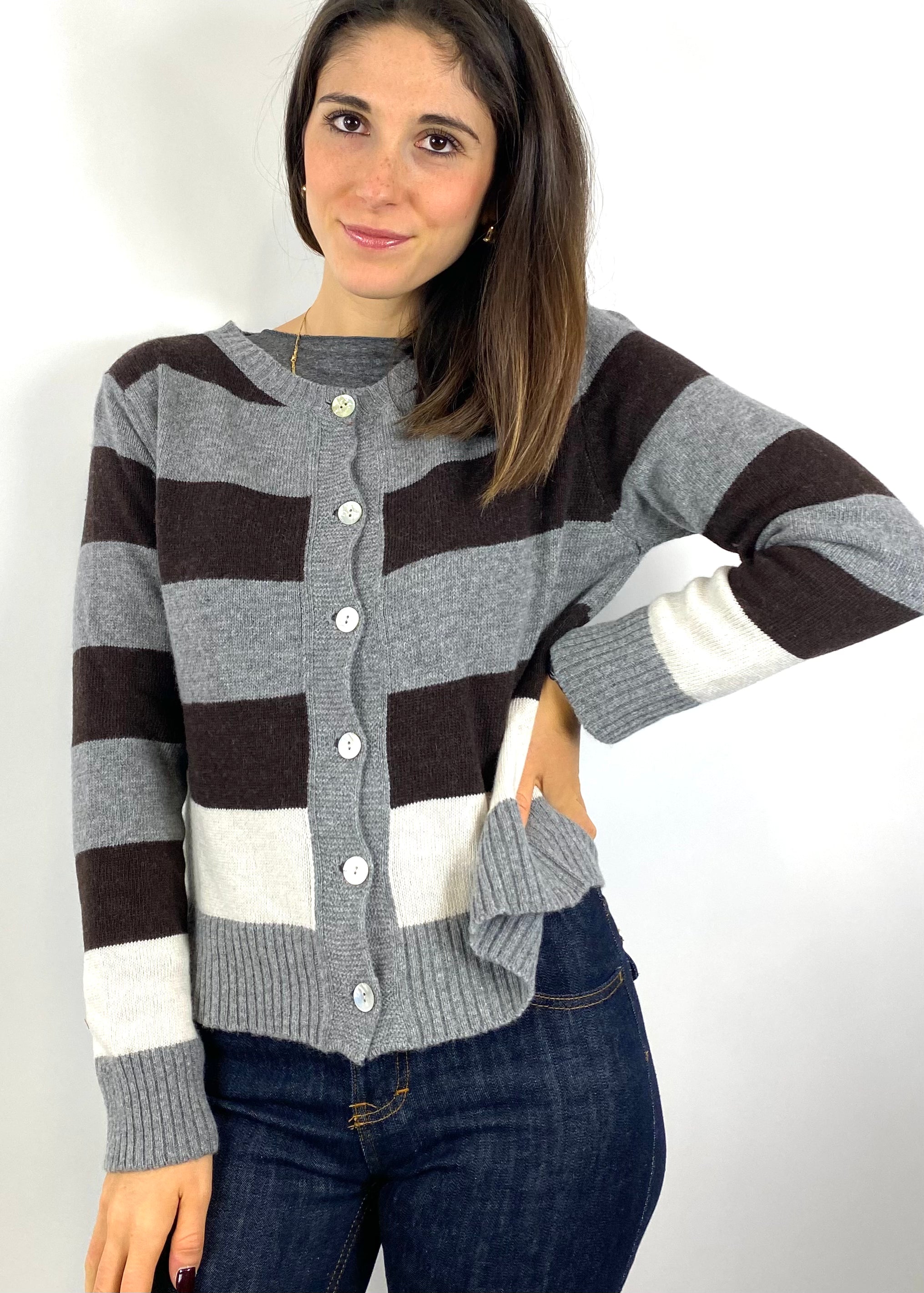 CECILE CARDIGAN GRIGIO MORO E MANDORLA