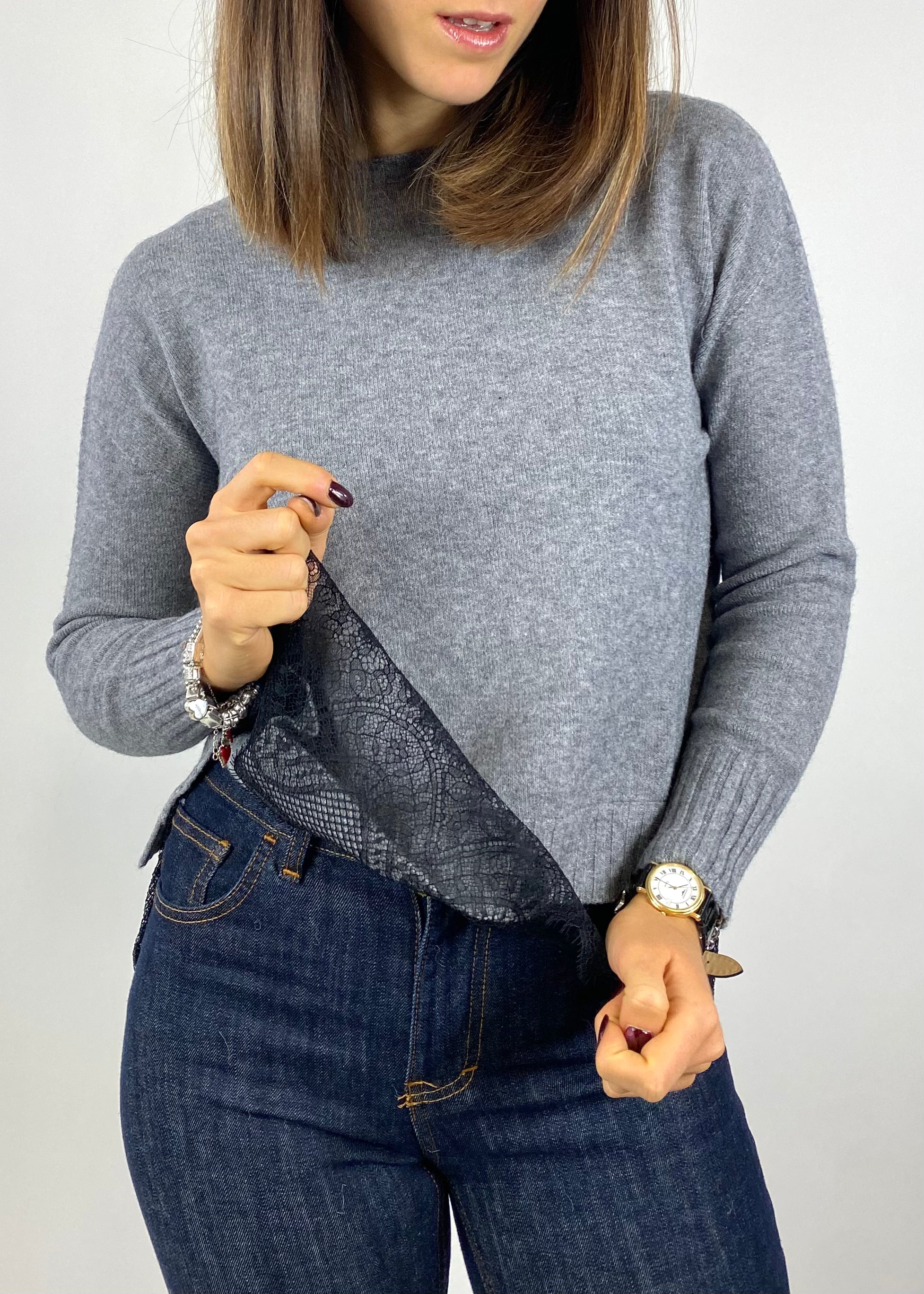 SUSY MIX MAGLIA CON INSERTI IN PIZZO GRIGIA