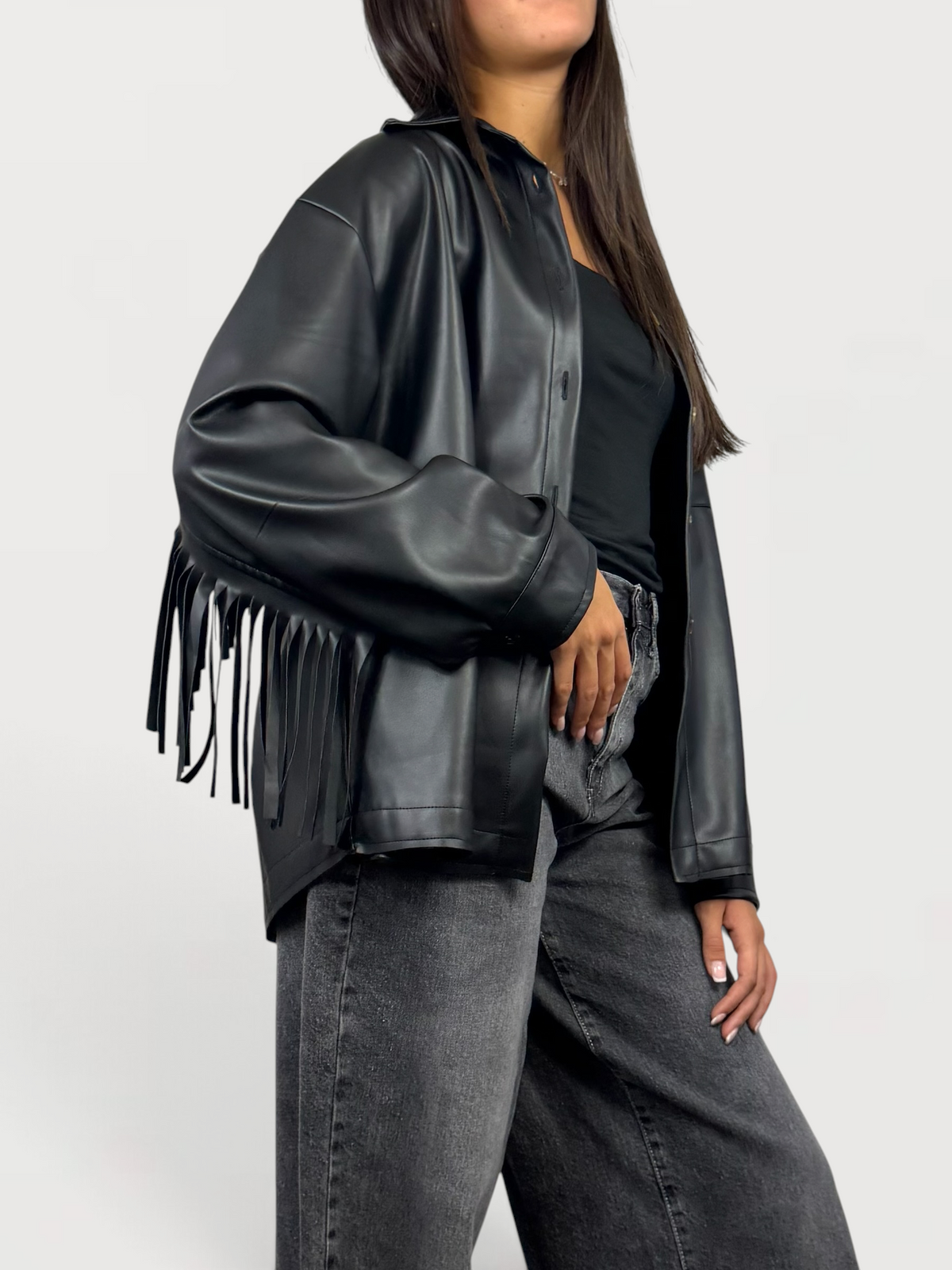 SUSY MIX CAMICIA ECOPELLE FRANGIA NERO