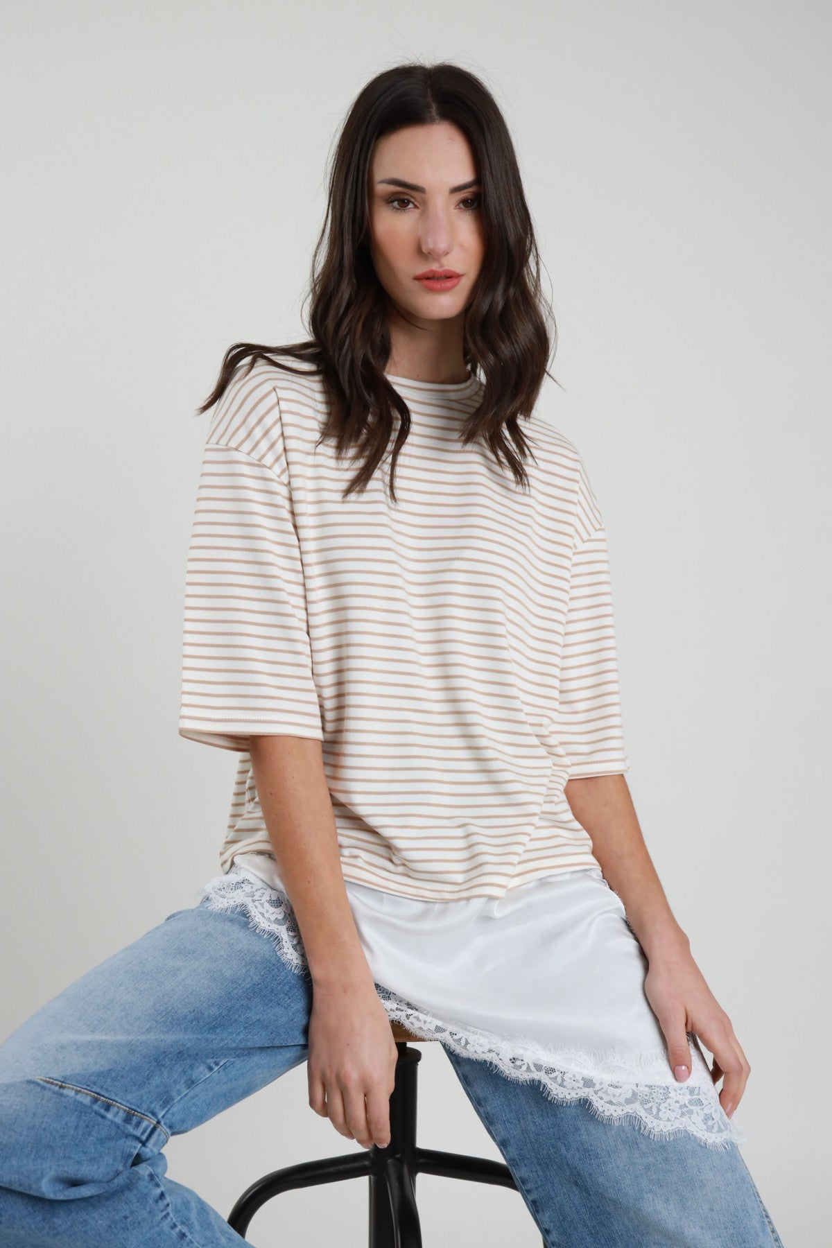 SUSY MIX T-SHIRT RIGHE E PIZZO BEIGE