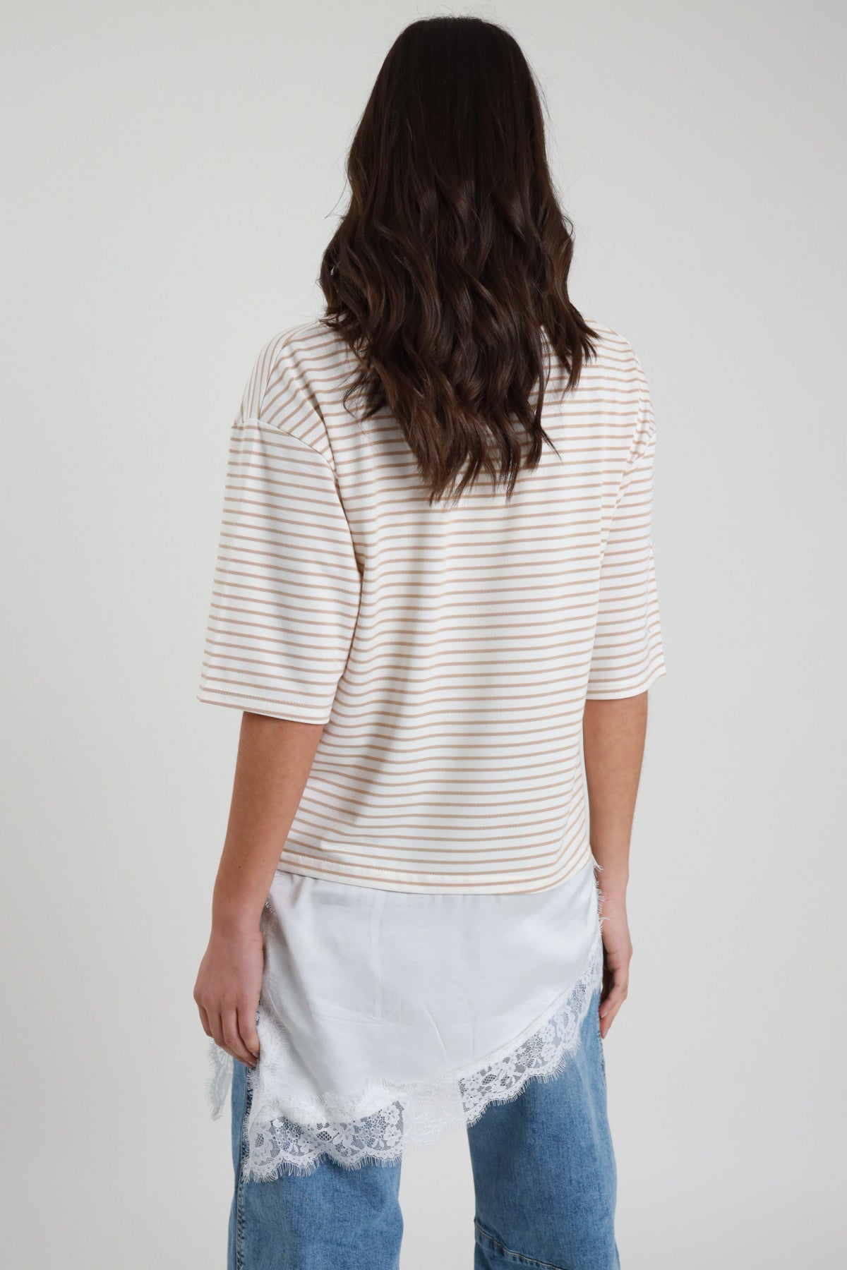 SUSY MIX T-SHIRT RIGHE E PIZZO BEIGE