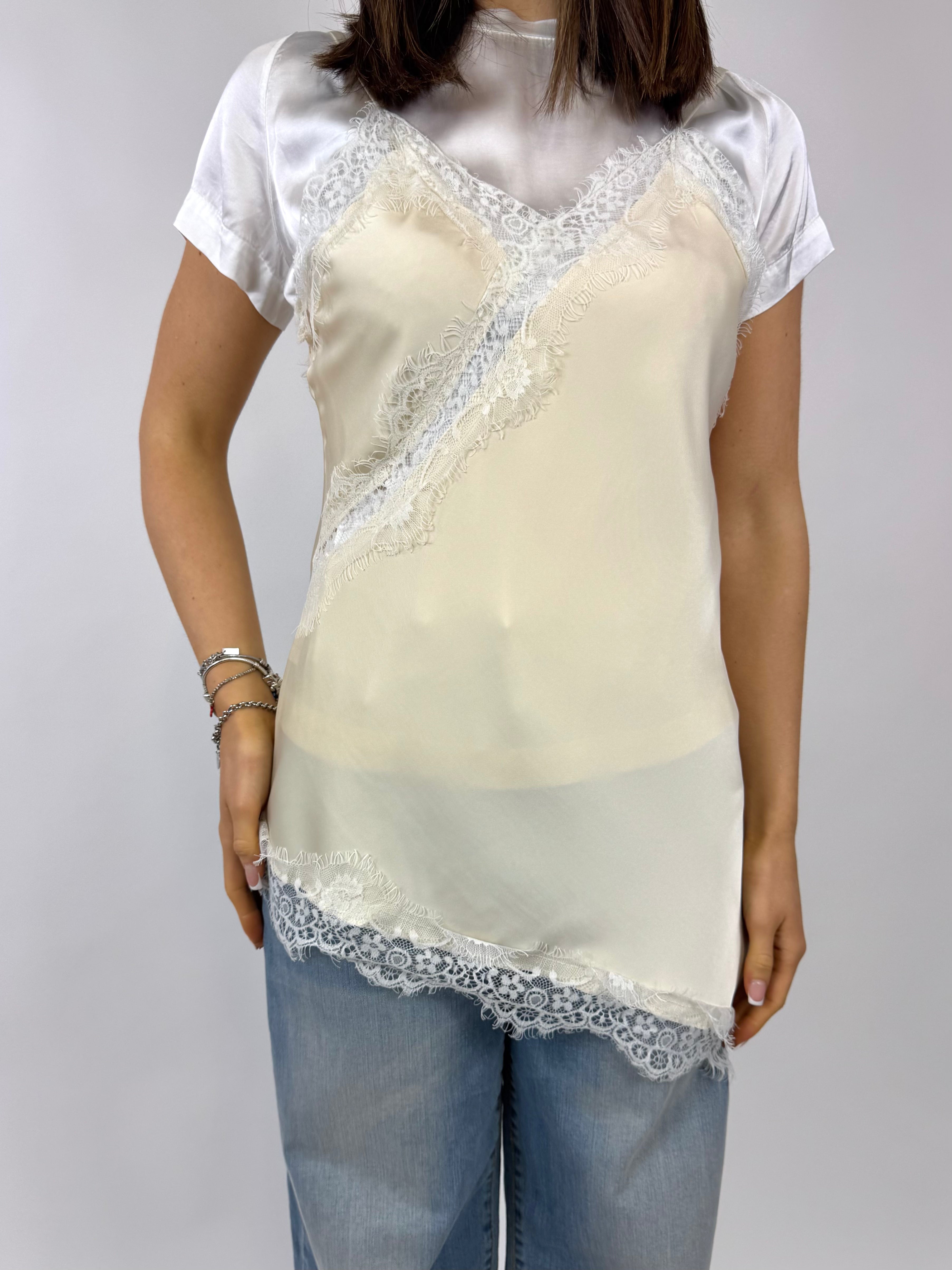 CECILE TOP RASO E PIZZO BURRO