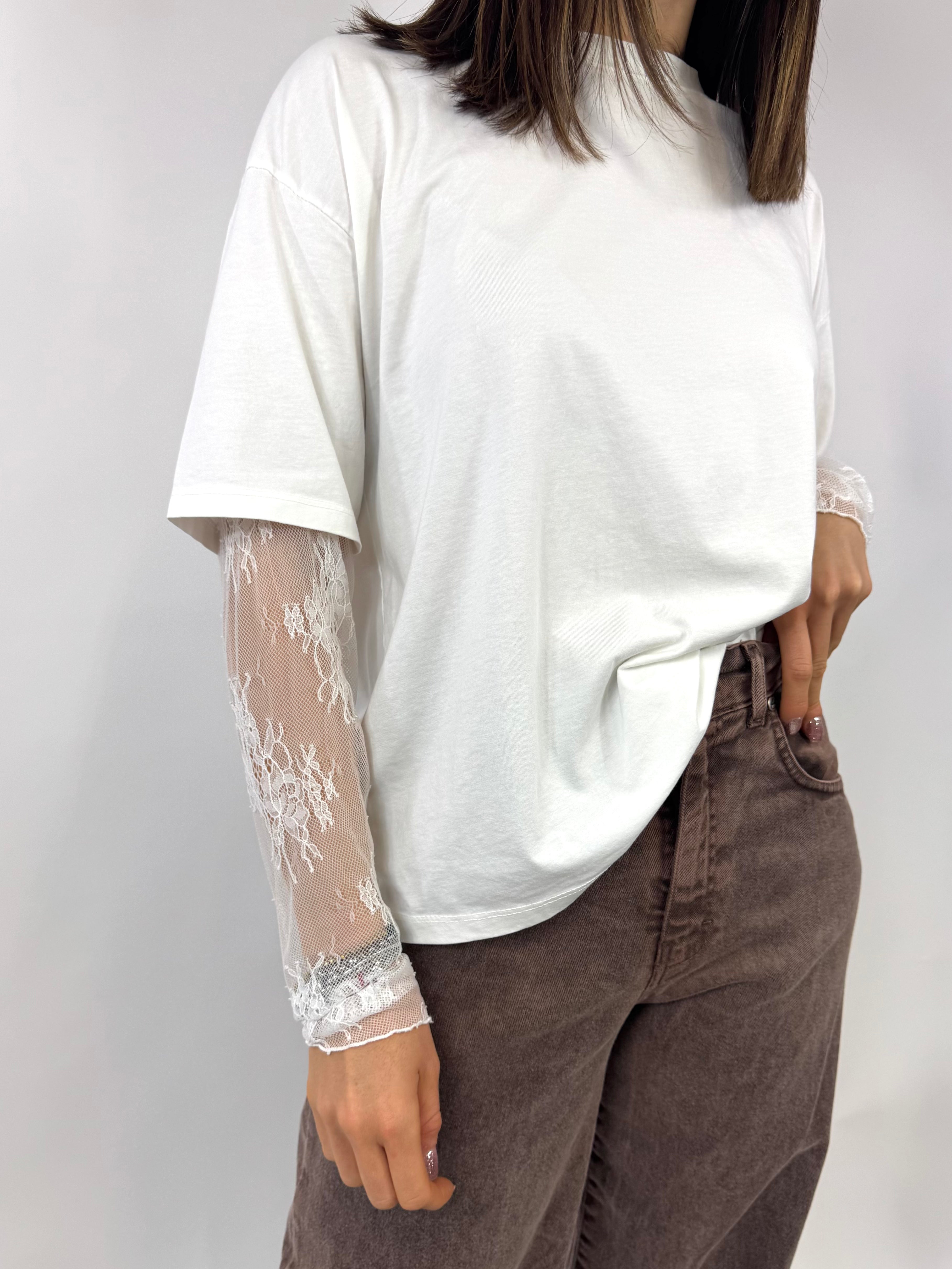 SUSY MIX MAGLIA MANICHE IN PIZZO BIANCA