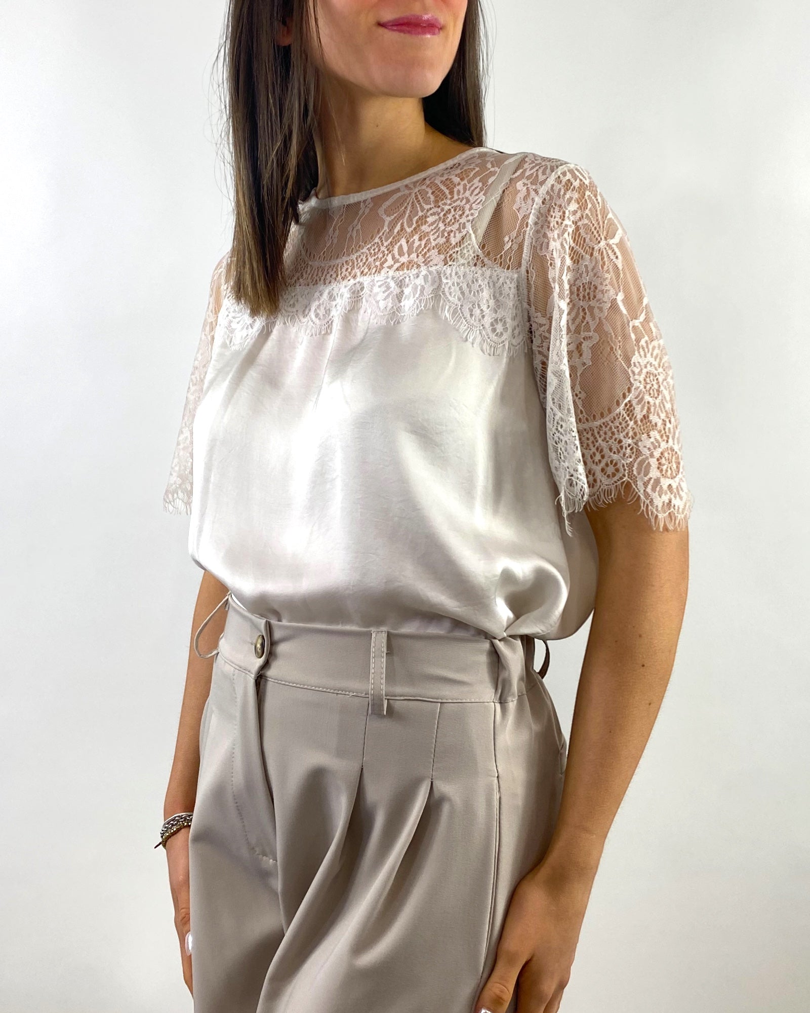 CECILE T-SHIRT RASO E PIZZO BIANCA
