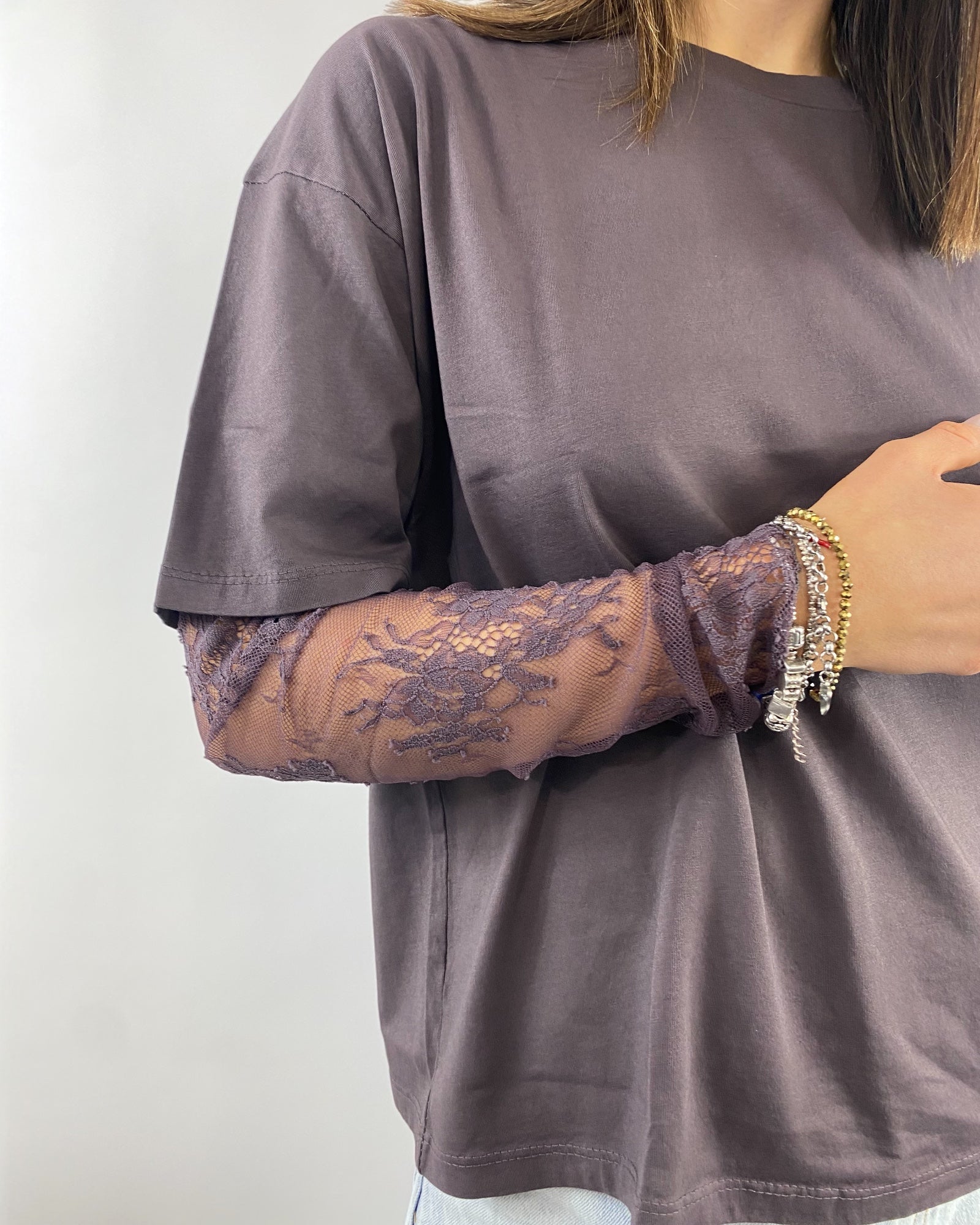 SUSY MIX MAGLIETTA MANICA IN PIZZO MARRONE
