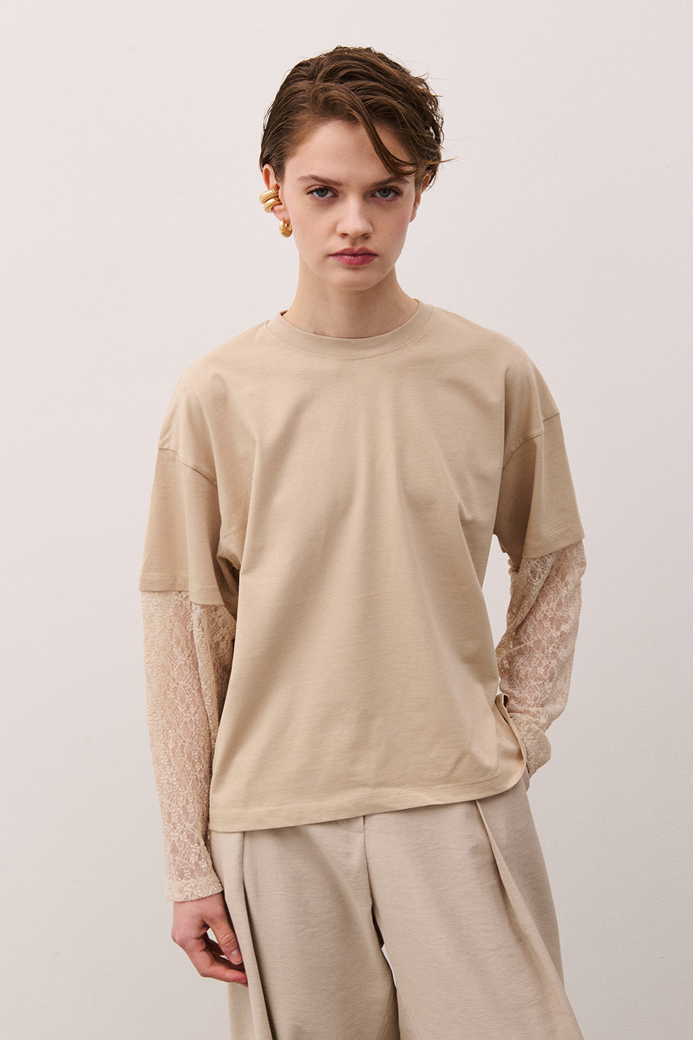TWO WAY T-SHIRT BEIGE MANICA PIZZO