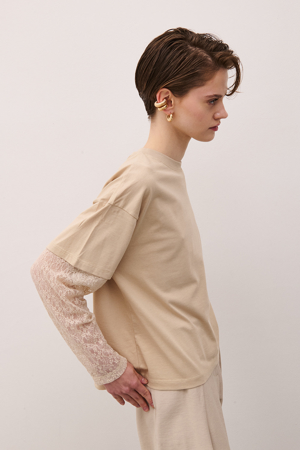 TWO WAY T-SHIRT BEIGE MANICA PIZZO