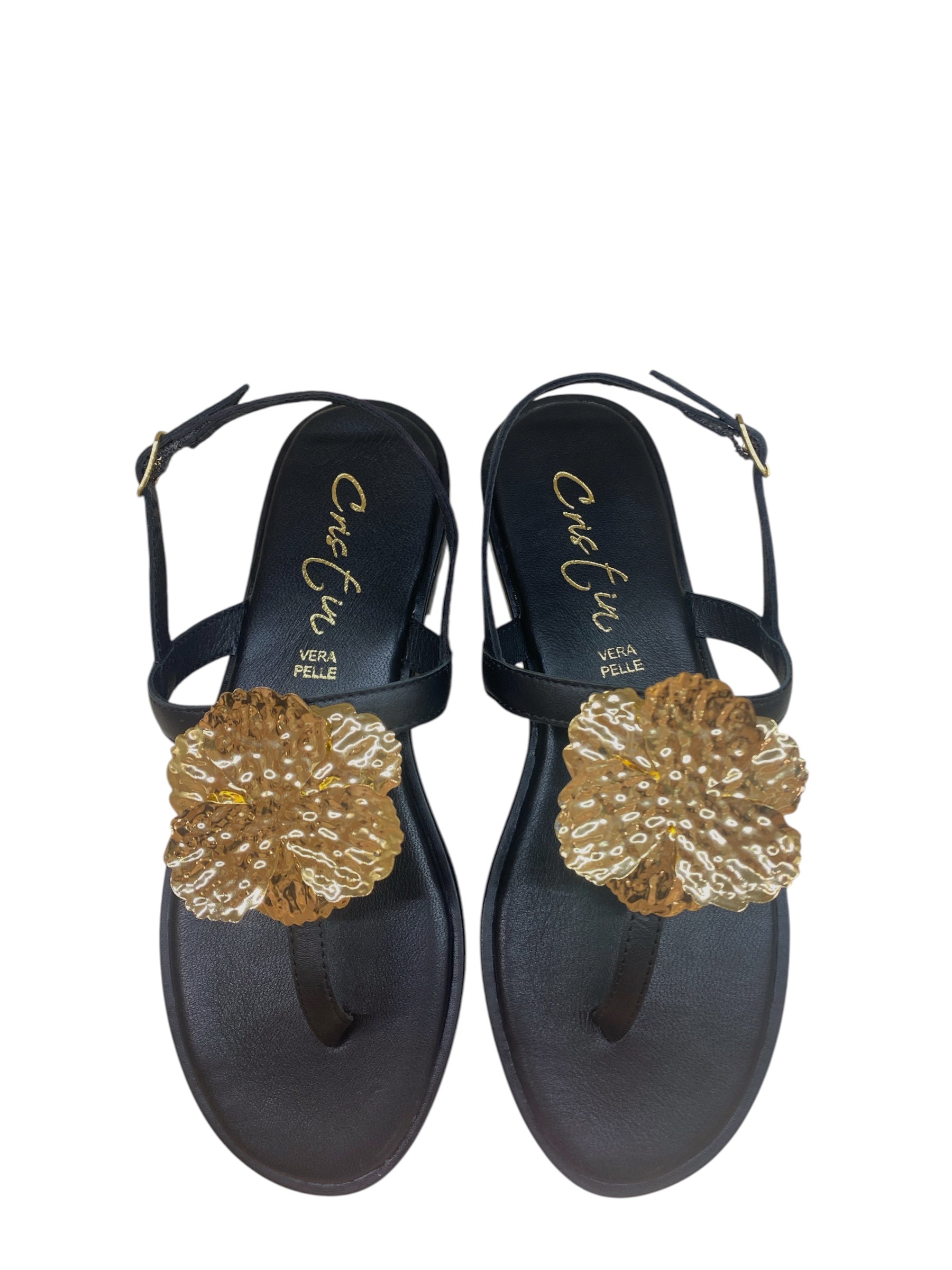 CRISTIN SANDALO INFRADITO NERO CON FIORE ORO