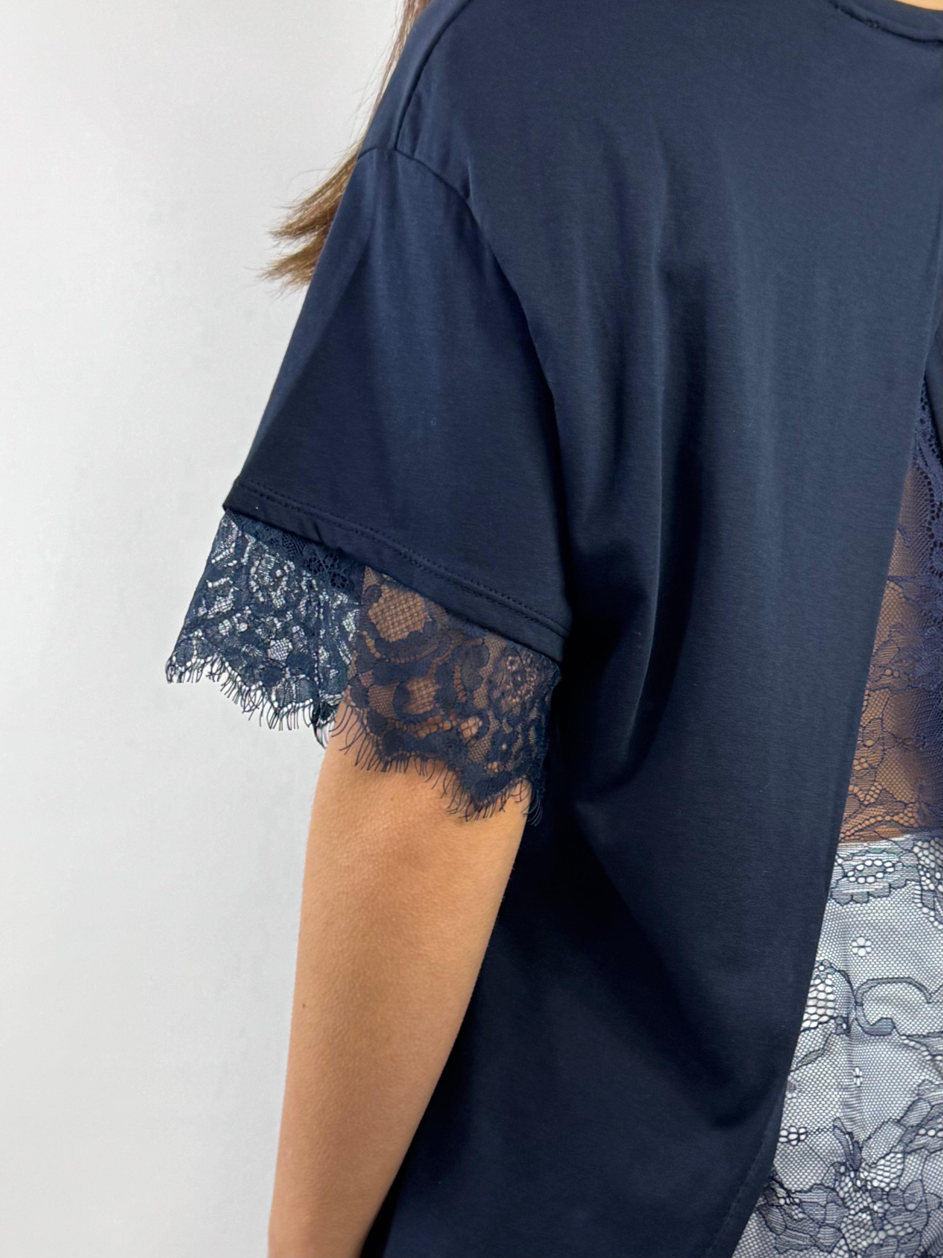 CECILE T-SHIRT CON PIZZO BLU