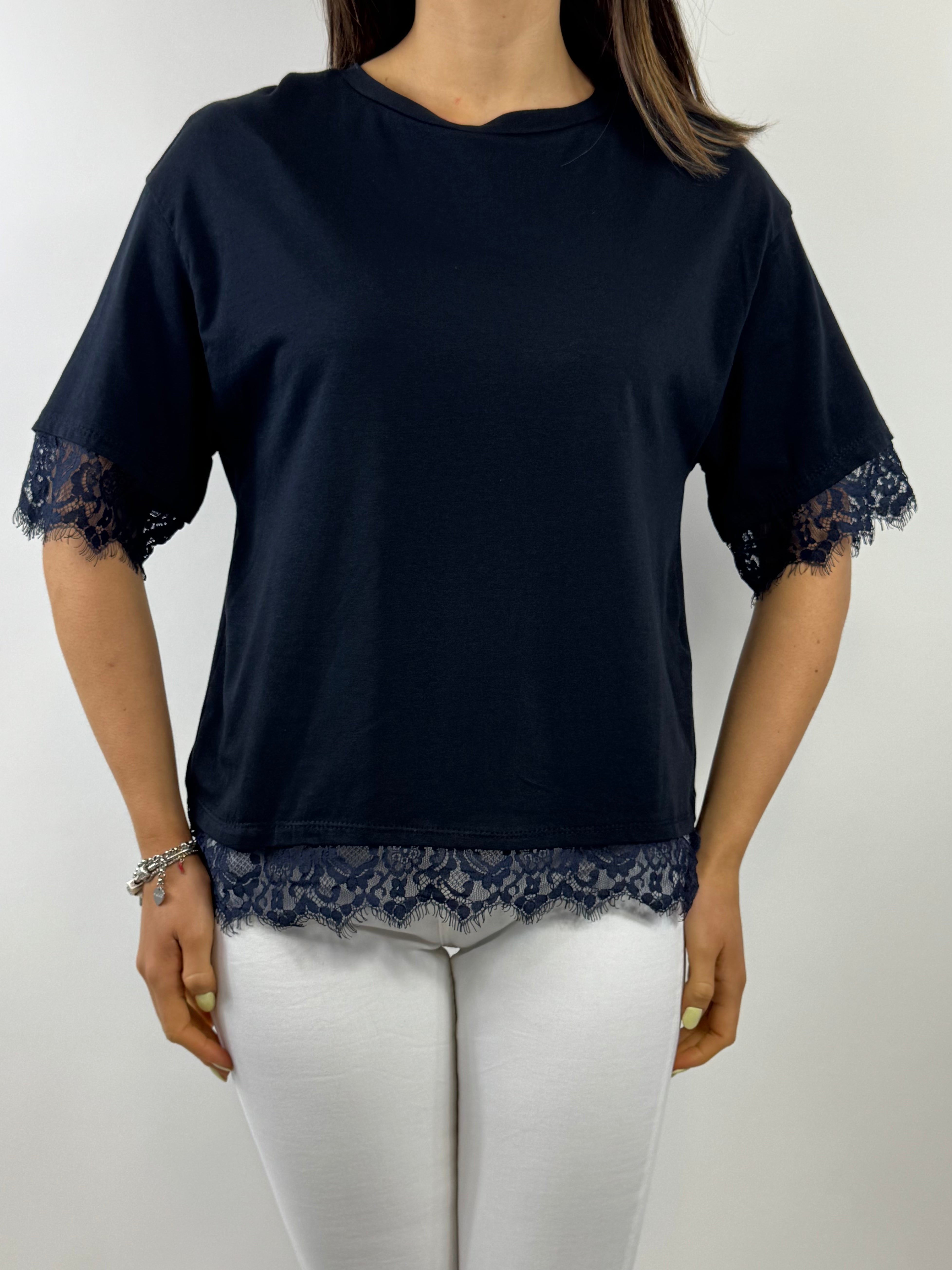 CECILE T-SHIRT DETTAGLI IN PIZZO BLU