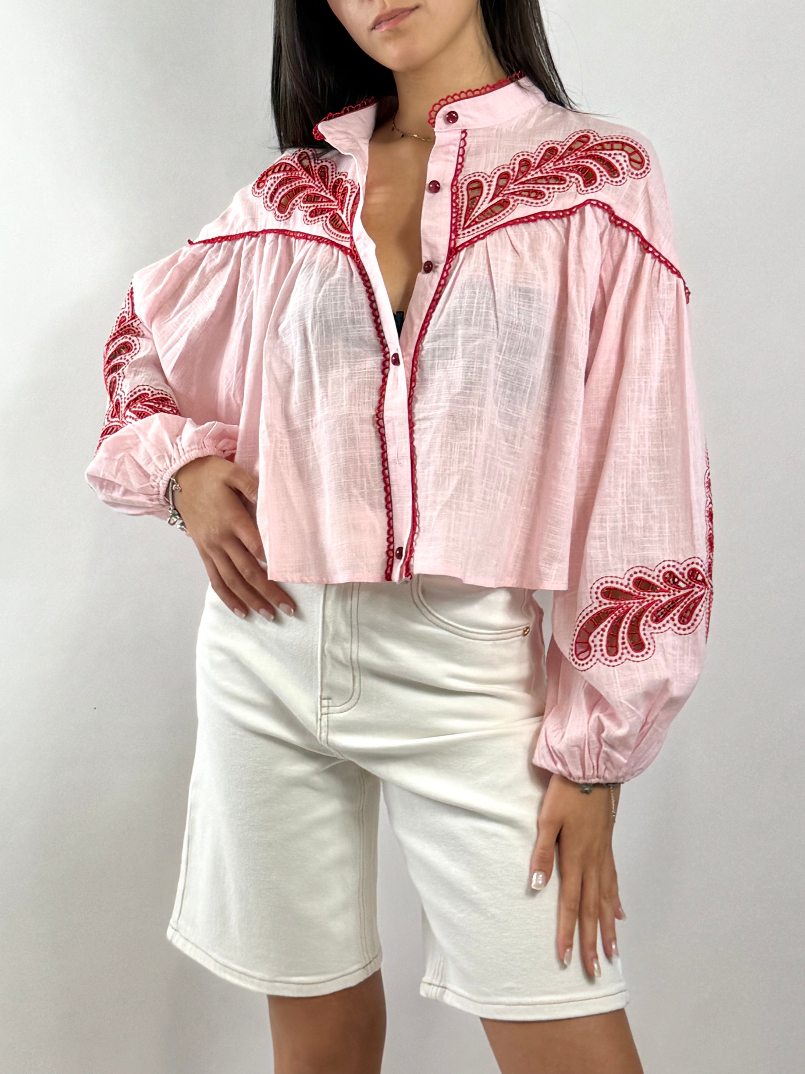 CECILE CAMICIA ROSA RICAMI ROSSI